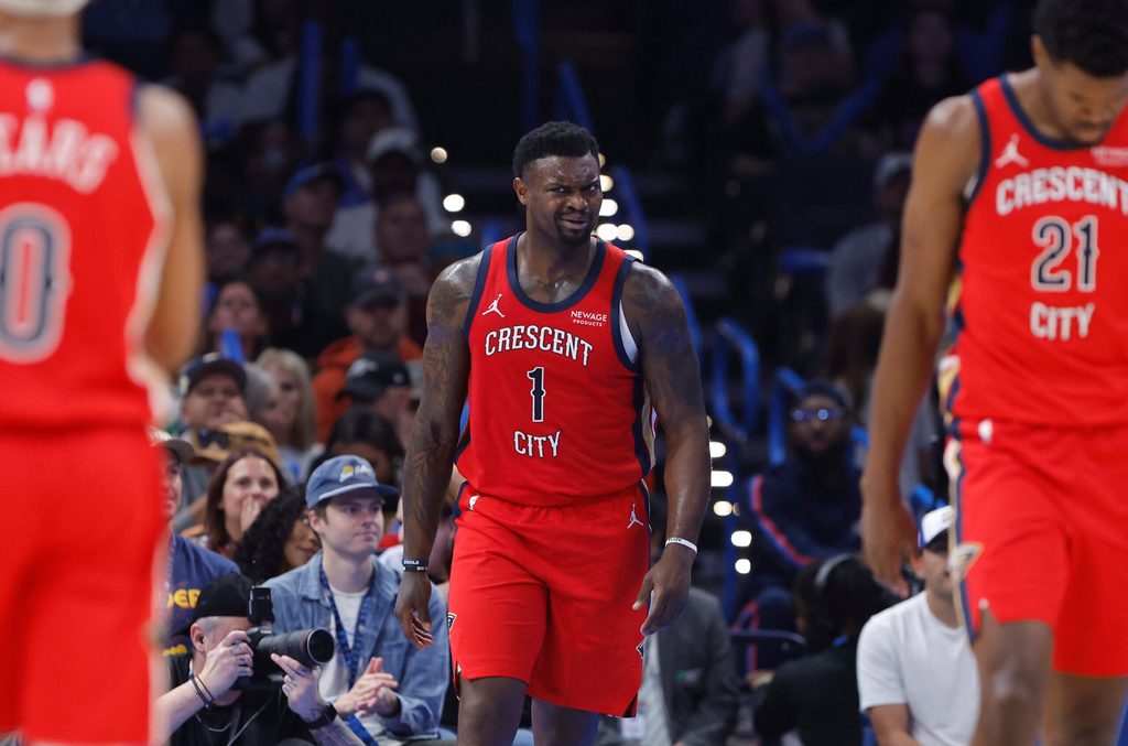 Nov 2, 2025; Oklahoma City, Oklahoma, USA; New Orleans Pelicans forward Zion Williamson (1) reacts after a call against him following a play against the Oklahoma City Thunder during the second quarter at Paycom Center. Mandatory Credit: Alonzo Adams-Imagn Images