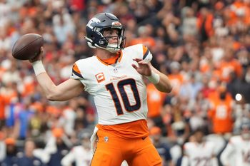Nov 2, 2025; Houston, Texas, USA; Denver Broncos quarterback Bo Nix (10) throws during the second half against the Houston Texans at NRG Stadium. Mandatory Credit: Sean Thomas-Imagn Images