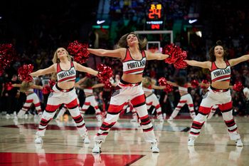 Nov 3, 2025; Portland, Oregon, USA; The Blazer Dancers perform during a time out during the second half in a game between the Portland Trail Blazers and the Los Angeles Lakers at Moda Center. Mandatory Credit: Troy Wayrynen-Imagn Images