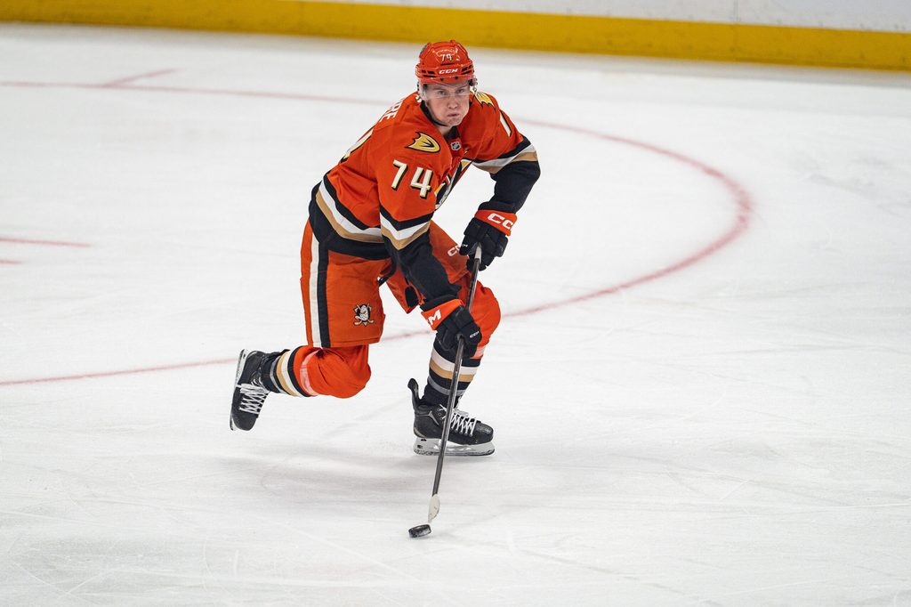 Nov 2, 2025; Anaheim, California, USA; Anaheim Ducks defenseman Ian Moore (74) skates with the puck during the first period at Honda Center. Mandatory Credit: Corinne Votaw-Imagn Images