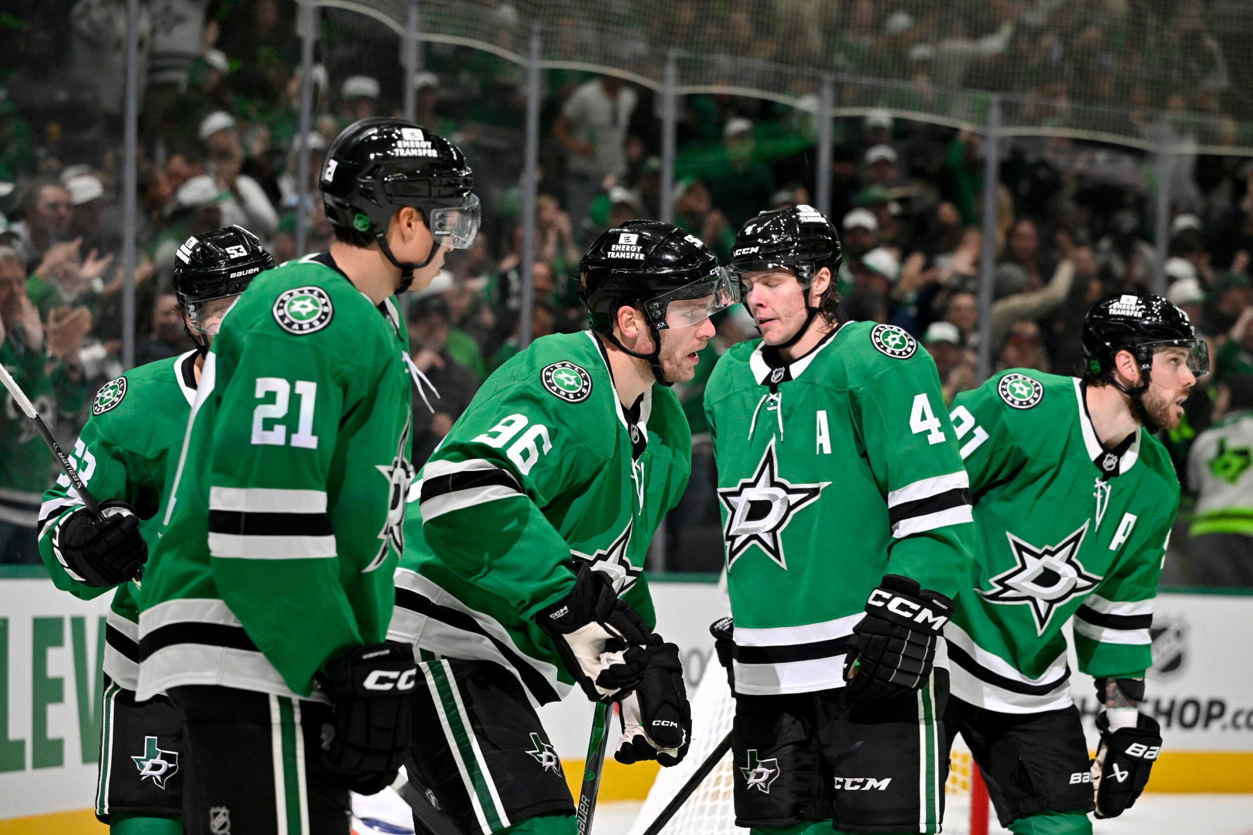 Nov 4, 2025; Dallas, Texas, USA; Dallas Stars center Wyatt Johnston (53) and right wing Mikko Rantanen (96) and left wing Jason Robertson (21) and defenseman Miro Heiskanen (4) and center Tyler Seguin (91) celebrates a goal scored by Rantanen against the Edmonton Oilers during the second period at the American Airlines Center. Rantanen scores his 300th career NHL goal. Mandatory Credit: Jerome Miron-Imagn Images