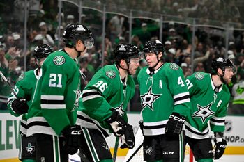 Nov 4, 2025; Dallas, Texas, USA; Dallas Stars center Wyatt Johnston (53) and right wing Mikko Rantanen (96) and left wing Jason Robertson (21) and defenseman Miro Heiskanen (4) and center Tyler Seguin (91) celebrates a goal scored by Rantanen against the Edmonton Oilers during the second period at the American Airlines Center. Rantanen scores his 300th career NHL goal. Mandatory Credit: Jerome Miron-Imagn Images