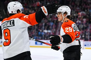 Nov 4, 2025; Montreal, Quebec, CAN; Philadelphia Flyers right wing Nikita Grebenkin (29) reacts after scoring a goal against the Montreal Canadiens during the third period at Bell Centre. Mandatory Credit: David Kirouac-Imagn Images