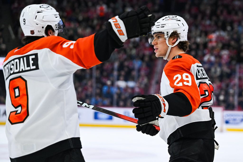 Nov 4, 2025; Montreal, Quebec, CAN; Philadelphia Flyers right wing Nikita Grebenkin (29) reacts after scoring a goal against the Montreal Canadiens during the third period at Bell Centre. Mandatory Credit: David Kirouac-Imagn Images