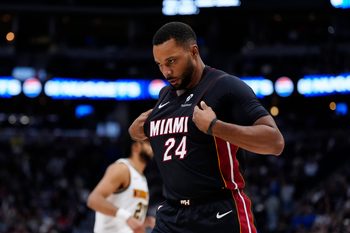 Nov 5, 2025; Denver, Colorado, USA; Miami Heat guard Norman Powell (24) reacts during the second half against the Denver Nuggets at Ball Arena. Mandatory Credit: Ron Chenoy-Imagn Images
