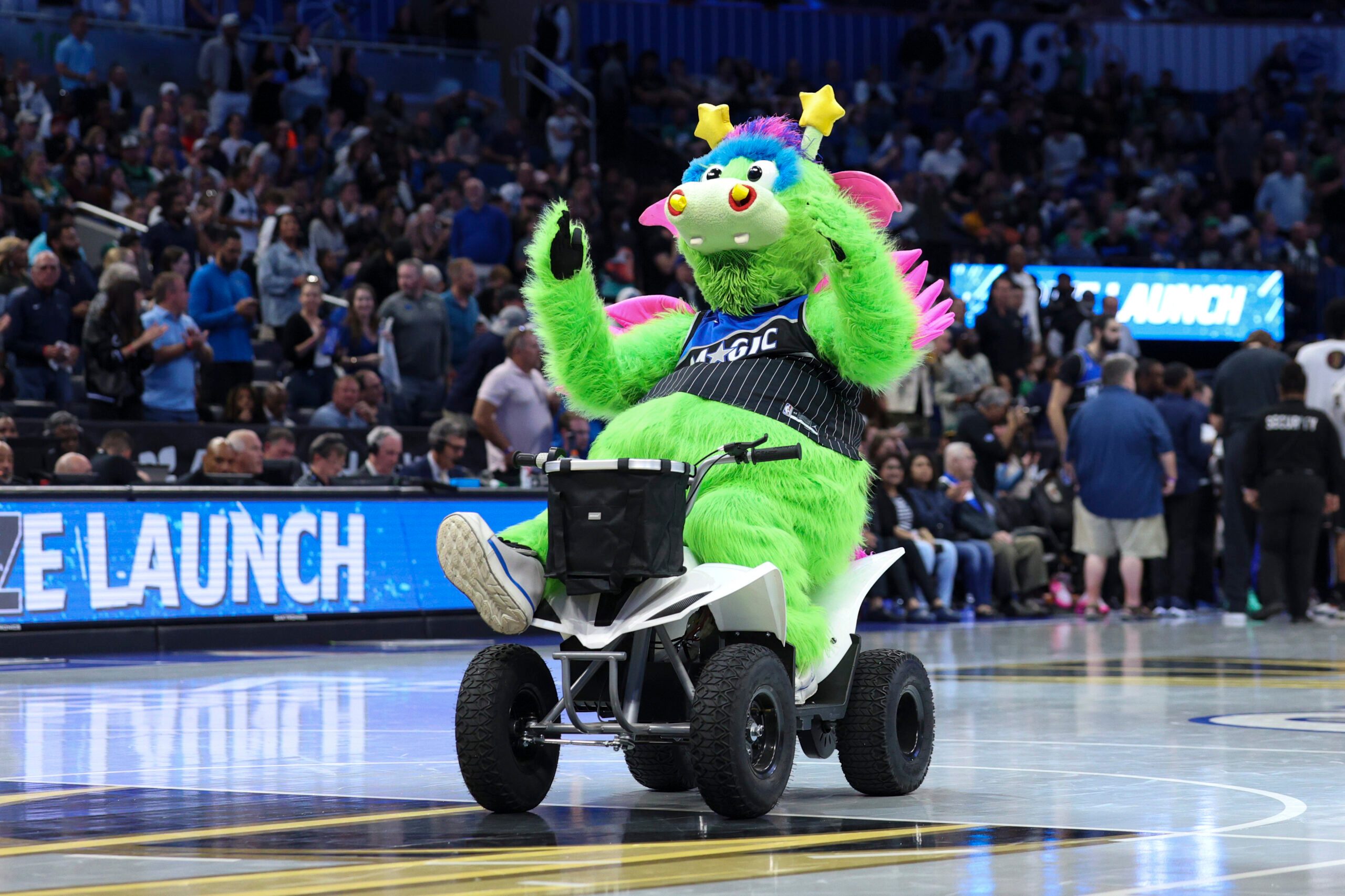 Nov 7, 2025; Orlando, Florida, USA; Orlando Magic mascot Stuff entertains fans during a gem against the Boston Celtics at Kia Center. Mandatory Credit: Nathan Ray Seebeck-Imagn Images