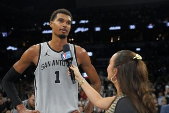 Nov 7, 2025; San Antonio, Texas, USA; San Antonio Spurs forward Victor Wembanyama (1) talks to media after a 121-110 win against the Houston Rockets at Frost Bank Center. Mandatory Credit: Dustin Safranek-Imagn Images