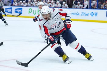 Nov 8, 2025; Tampa, Florida, USA; Washington Capitals left wing Alex Ovechkin (8) controls the puck against the Tampa Bay Lightning in the third period at Benchmark International Arena. Mandatory Credit: Nathan Ray Seebeck-Imagn Images