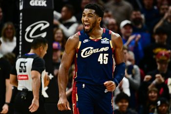Nov 8, 2025; Cleveland, Ohio, USA; Cleveland Cavaliers guard Donovan Mitchell (45) celebrates during the second half against the Chicago Bulls at Rocket Arena. Mandatory Credit: Ken Blaze-Imagn Images
