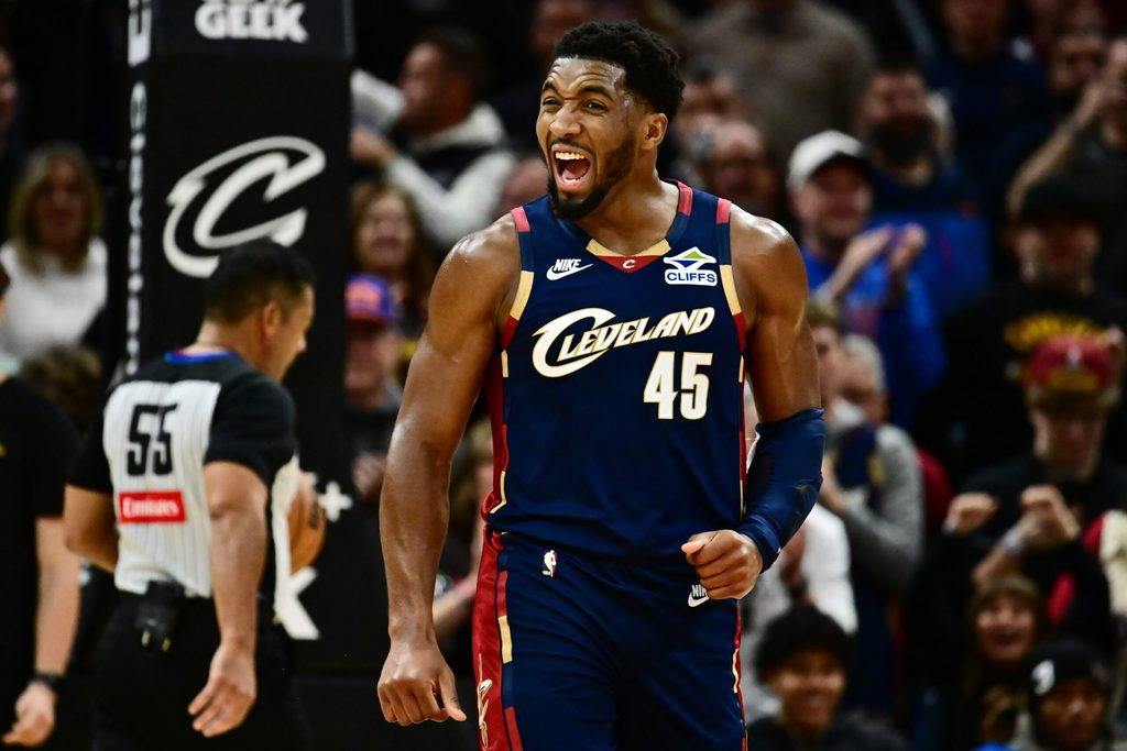 Nov 8, 2025; Cleveland, Ohio, USA; Cleveland Cavaliers guard Donovan Mitchell (45) celebrates during the second half against the Chicago Bulls at Rocket Arena. Mandatory Credit: Ken Blaze-Imagn Images