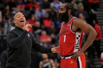 Nov 8, 2025; Inglewood, California, USA;  Los Angeles Clippers head coach Tyronn Lue and guard James Harden (1) on the sidelines during the second half against the Phoenix Suns at Intuit Dome. Mandatory Credit: Jayne Kamin-Oncea-Imagn Images