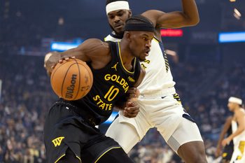Nov 9, 2025; San Francisco, California, USA; Golden State Warriors forward Jimmy Butler III (10) drives past Indiana Pacers forward Jarace Walker (5) during the first quarter at Chase Center. Mandatory Credit: D. Ross Cameron-Imagn Images