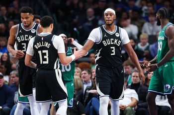 Nov 10, 2025; Dallas, Texas, USA;  Milwaukee Bucks center Myles Turner (3) celebrates with Milwaukee Bucks guard Ryan Rollins (13) during the third quarter against the Dallas Mavericks at American Airlines Center. Mandatory Credit: Kevin Jairaj-Imagn Images