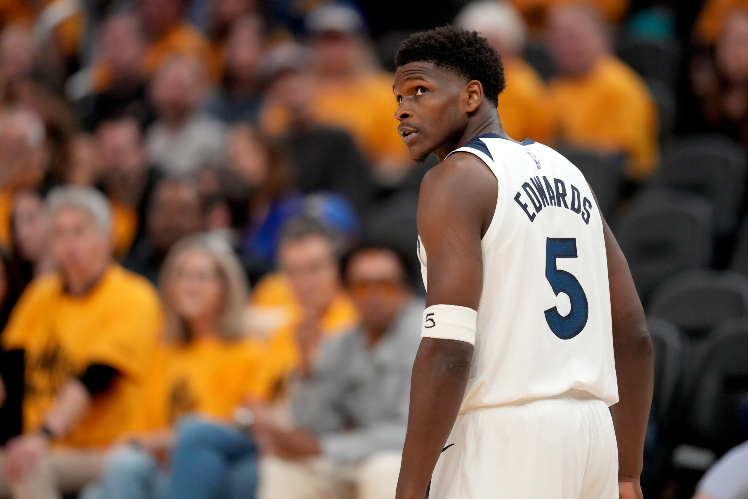 May 12, 2025; San Francisco, California, USA; Minnesota Timberwolves guard Anthony Edwards (5) stands on the court during action against the Golden State Warriors in the fourth quarter during game four of the second round for the 2025 NBA Playoffs at Chase Center. Mandatory Credit: Cary Edmondson-Imagn Images