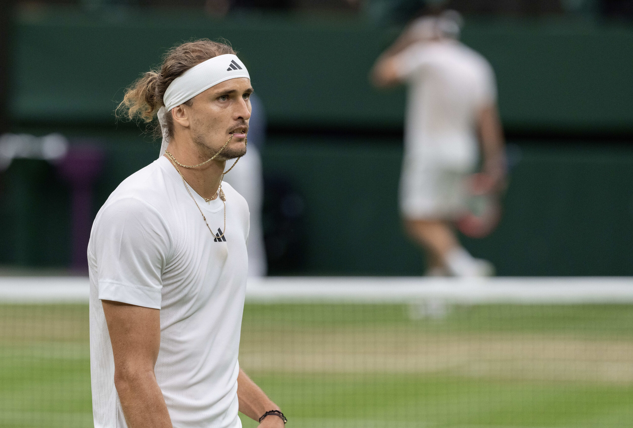 Jul 8, 2024; London, United Kingdom; Alexander Zverev of Germany during his match against Taylor Fritz of the United States on day eight of The Championships at All England Lawn Tennis and Croquet Club. Mandatory Credit: Susan Mullane-Imagn Images