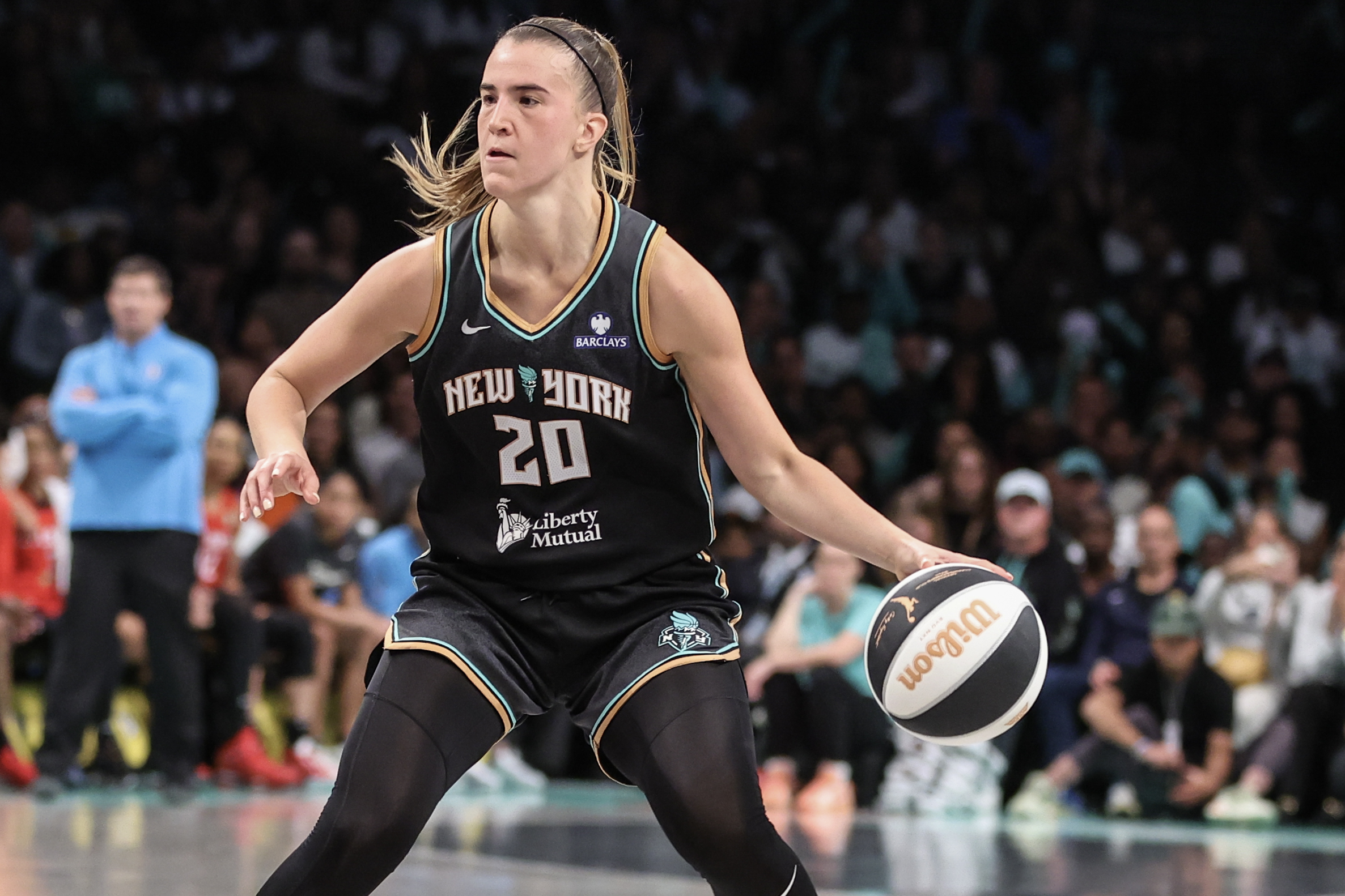 Jun 17, 2025; Brooklyn, New York, USA;  New York Liberty guard Sabrina Ionescu (20) drives to the basket in the fourth quarter against the Atlanta Dream at Barclays Center. Mandatory Credit: Wendell Cruz-Imagn Images