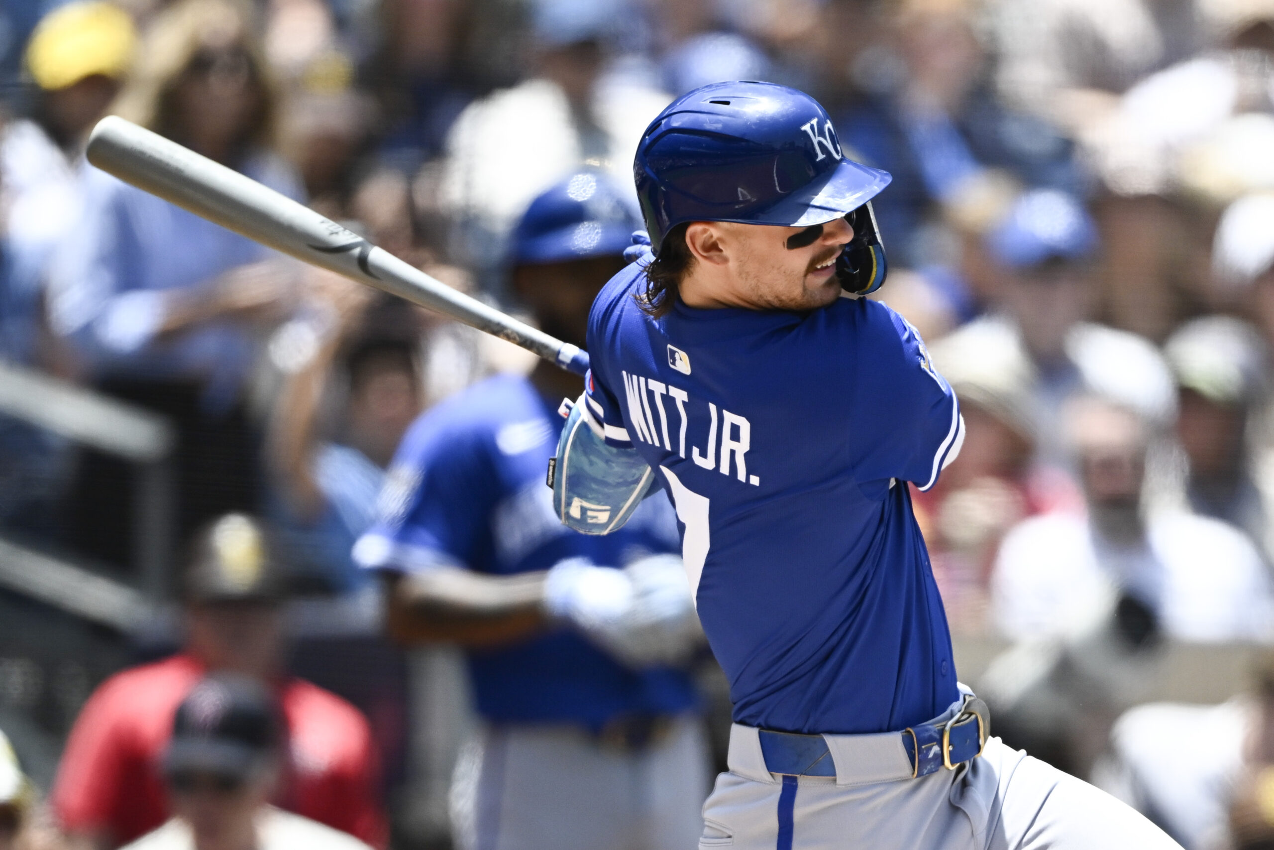 Jun 22, 2025; San Diego, California, USA; Kansas City Royals shortstop Bobby Witt Jr. (7) hits a single during the first inning against the San Diego Padres at Petco Park. Mandatory Credit: Denis Poroy-Imagn Images