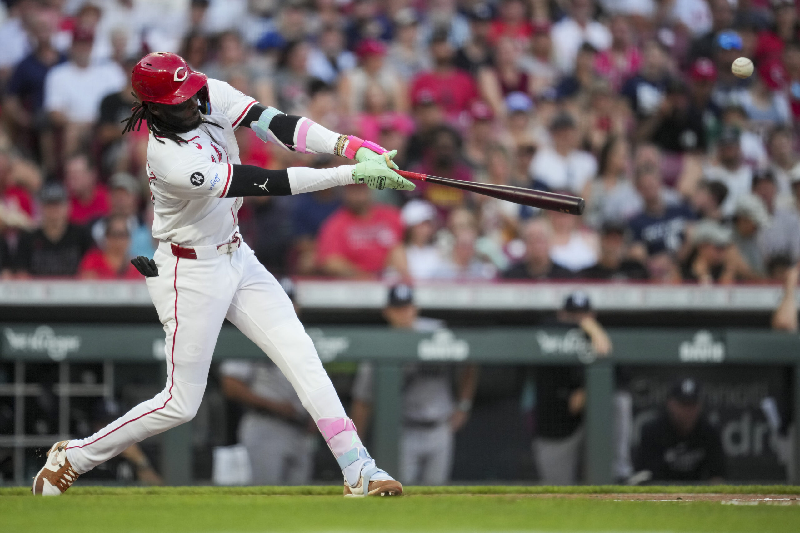 Jun 25, 2025; Cincinnati, Ohio, USA; Cincinnati Reds shortstop Elly De La Cruz singles against the New York Yankees in the fourth inning at Great American Ball Park. Mandatory Credit: Aaron Doster-Imagn Images