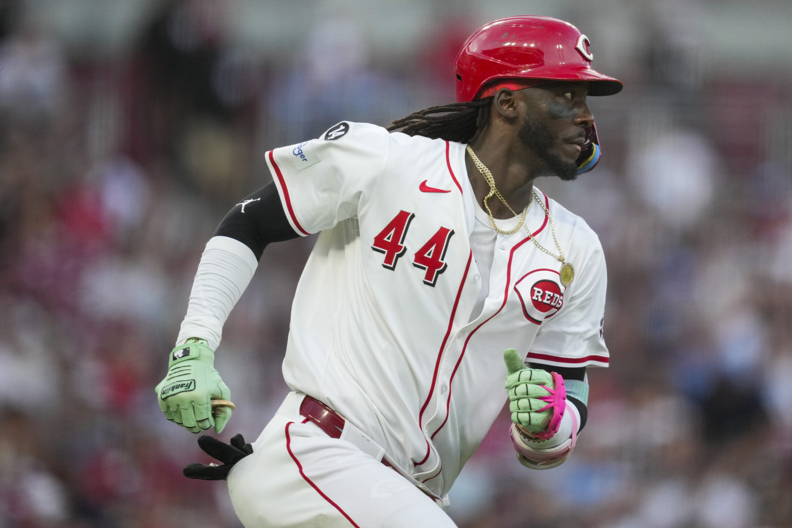 Jun 25, 2025; Cincinnati, Ohio, USA; Cincinnati Reds shortstop Elly De La Cruz singles against the New York Yankees in the fourth inning at Great American Ball Park. Mandatory Credit: Aaron Doster-Imagn Images