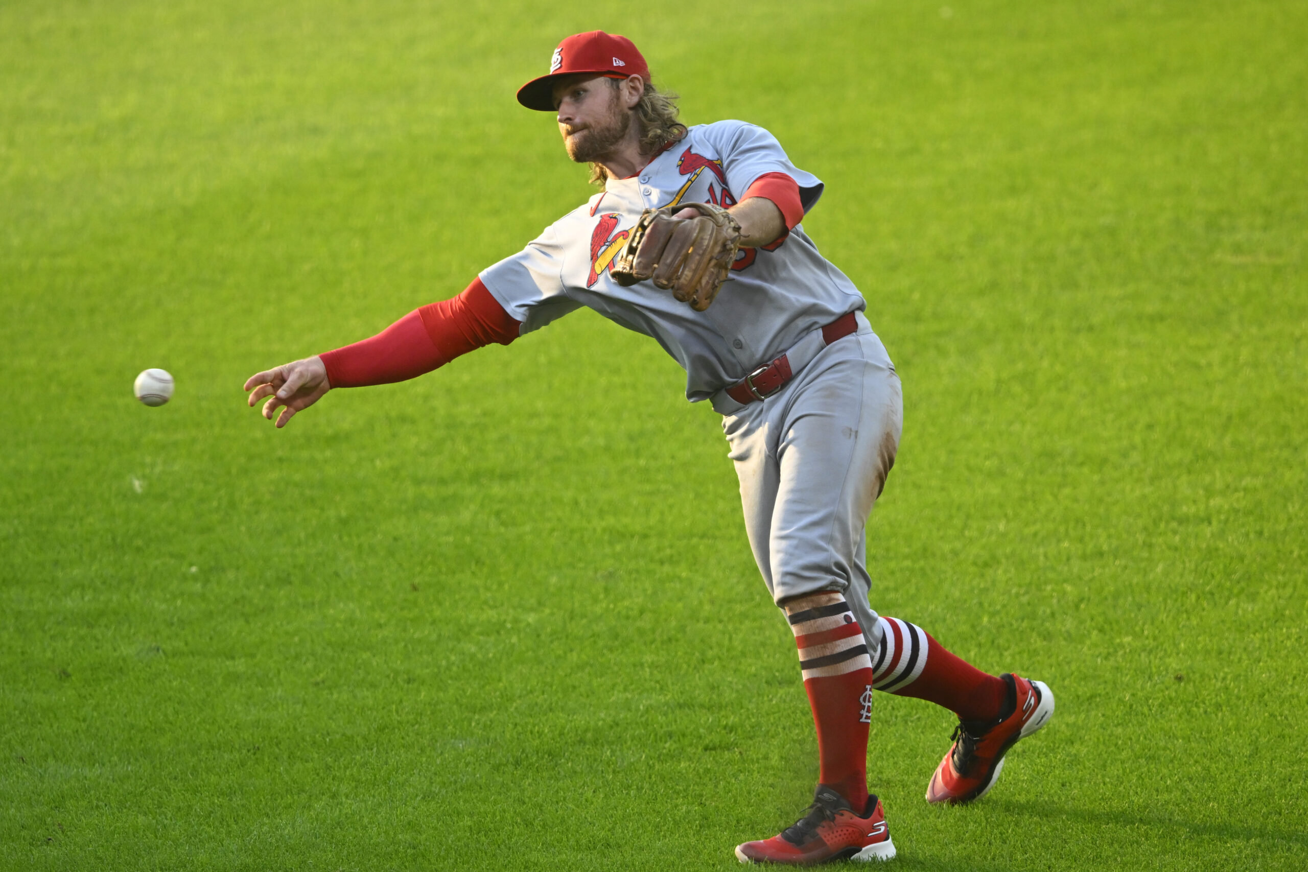 Jun 27, 2025; Cleveland, Ohio, USA; St. Louis Cardinals second baseman Brendan Donovan (33) throws to first base in the third inning against the Cleveland Guardians at Progressive Field. Mandatory Credit: David Richard-Imagn Images