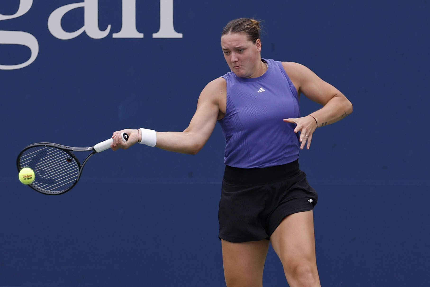 Aug 30, 2024; Flushing, NY, USA; Jule Niemeier (GER) hits a forehand against Qinwen Zheng (CHN)(not pictured) in a women's singles match on day five of the 2024 U.S. Open tennis tournament at Billie Jean King USTA National Tennis Center. Mandatory Credit: Geoff Burke-Imagn Images