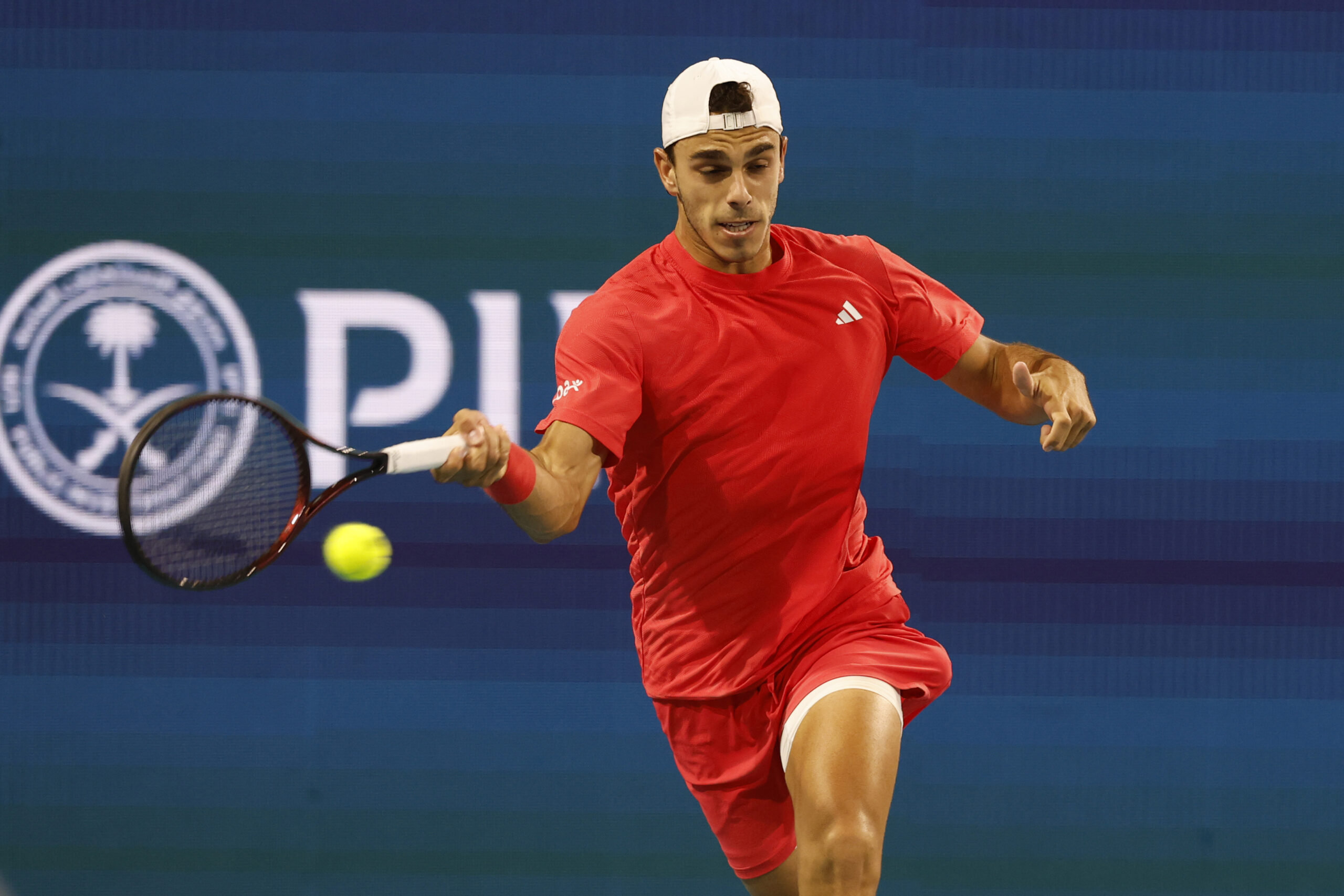 Mar 26, 2025; Miami, FL, USA; Francisco Cerundolo (ARG) hits a forehand against Grigor Dimitrov (BUL)(not pictured) on day nine of the Miami Open at Hard Rock Stadium. Mandatory Credit: Geoff Burke-Imagn Images
