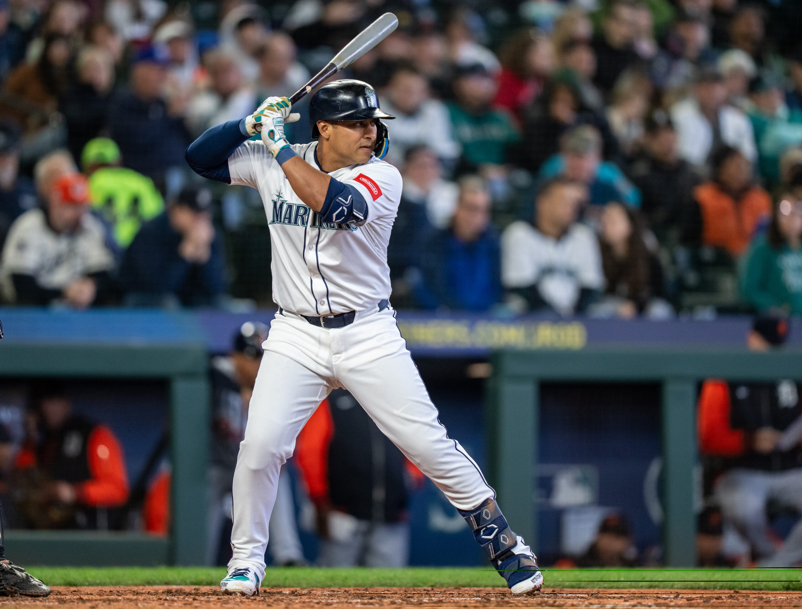 Apr 2, 2025; Seattle, Washington, USA;  Seattle Mariners first baseman Donovan Solano (39) waits for a pitch during an at-bat against the Detroit Tigers at T-Mobile Park. Mandatory Credit: Stephen Brashear-Imagn Images