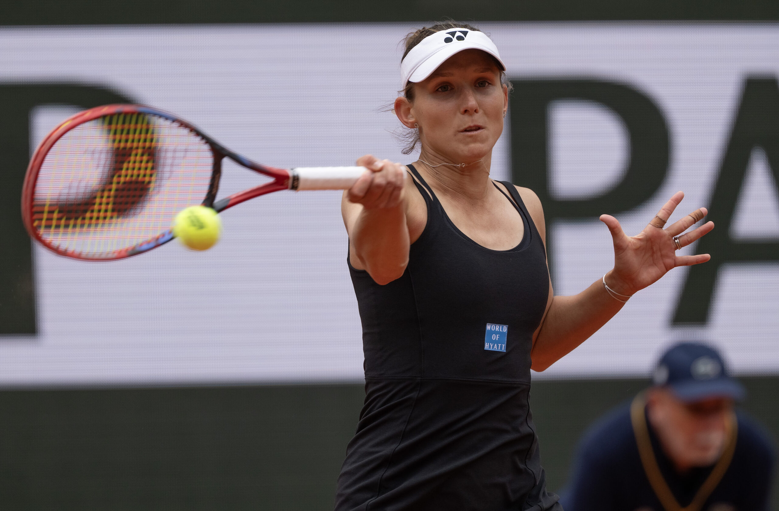 May 27, 2025; Paris, FR; Varvara Gracheva of France returns a shot during her match against Sofia Kenin of the United States on day three at Roland Garros Stadium. Mandatory Credit: Susan Mullane-Imagn Images