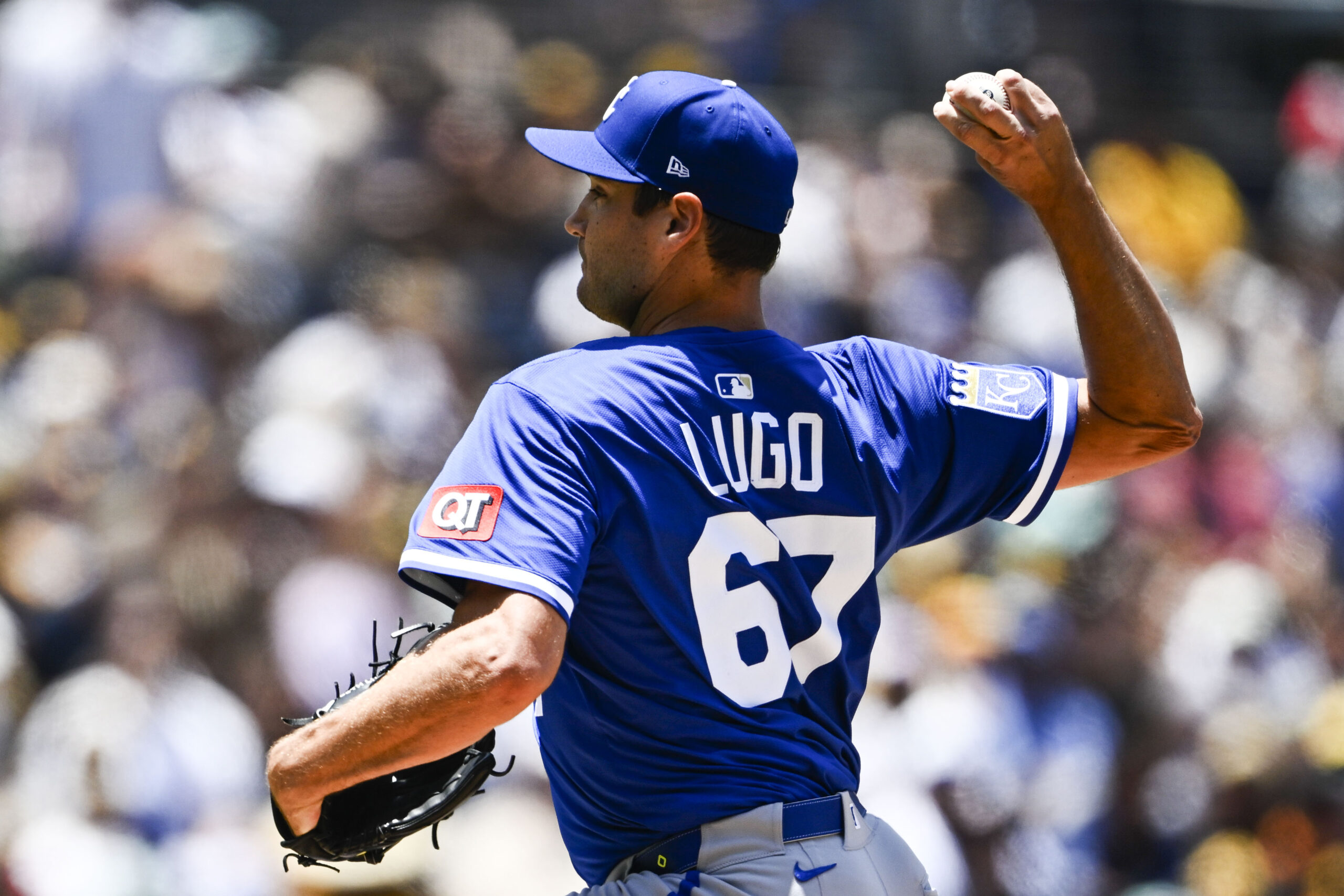 Jun 22, 2025; San Diego, California, USA; Kansas City Royals pitcher Seth Lugo (67) delivers during the first inning against the San Diego Padres at Petco Park. Mandatory Credit: Denis Poroy-Imagn Images