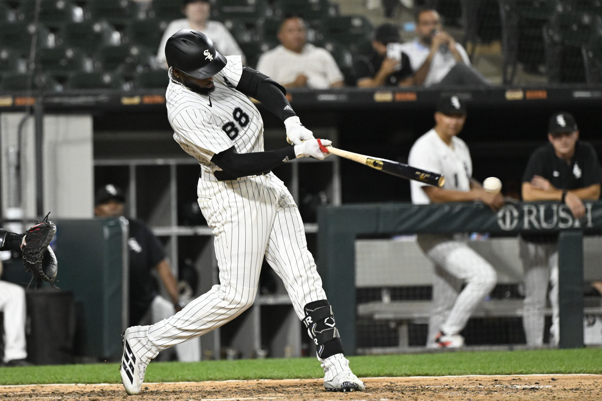 Jun 23, 2025; Chicago, Illinois, USA;  Chicago White Sox outfielder Luis Robert Jr. (88) hits a single during the ninth inning against the Arizona Diamondbacks at Rate Field. Mandatory Credit: Matt Marton-Imagn Images