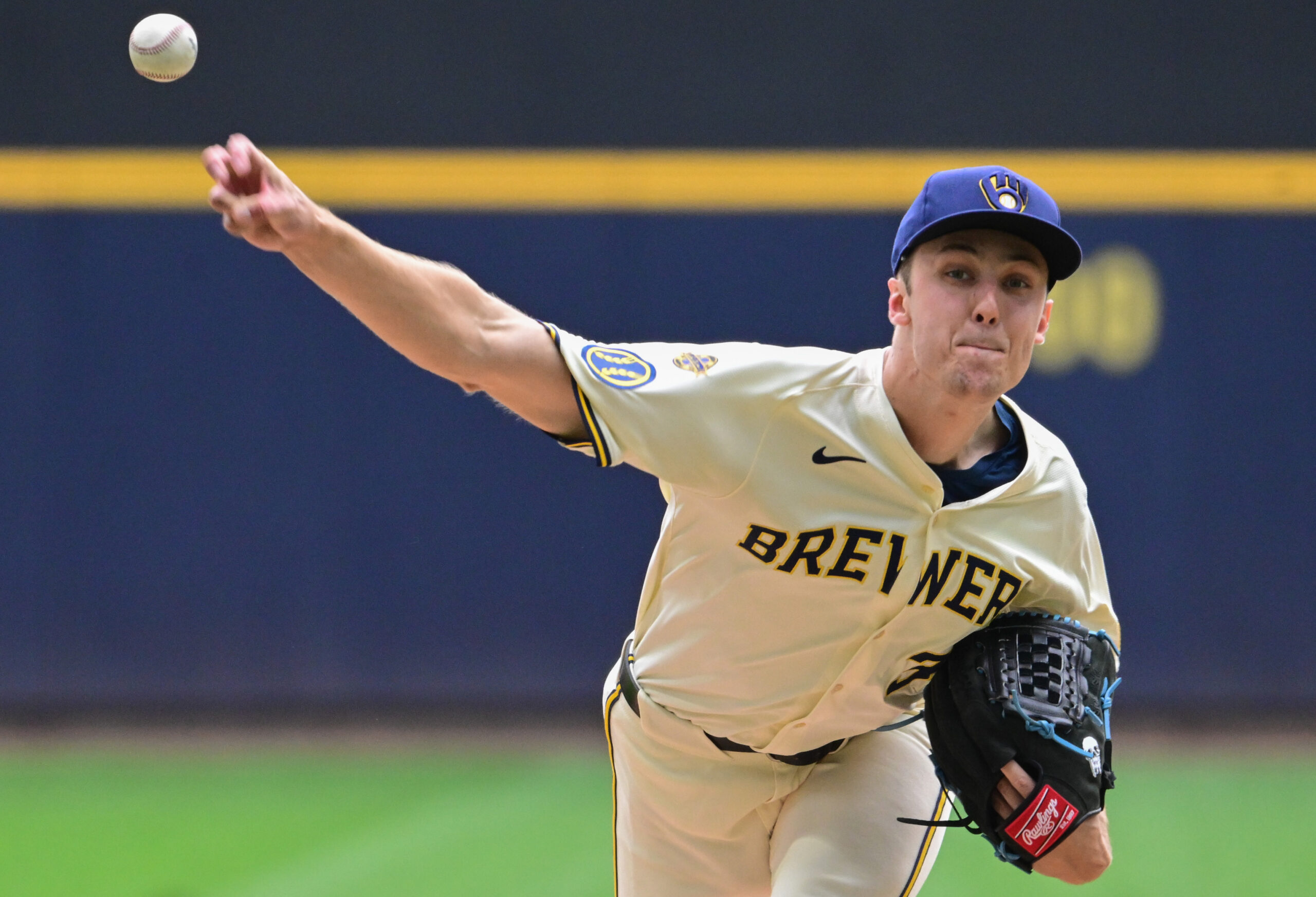 Jun 25, 2025; Milwaukee, Wisconsin, USA;  Milwaukee Brewers starting pitcher Jacob Misiorowski (32) throws a pitch in the fifth inning against the Pittsburgh Pirates at American Family Field. Mandatory Credit: Benny Sieu-Imagn Images