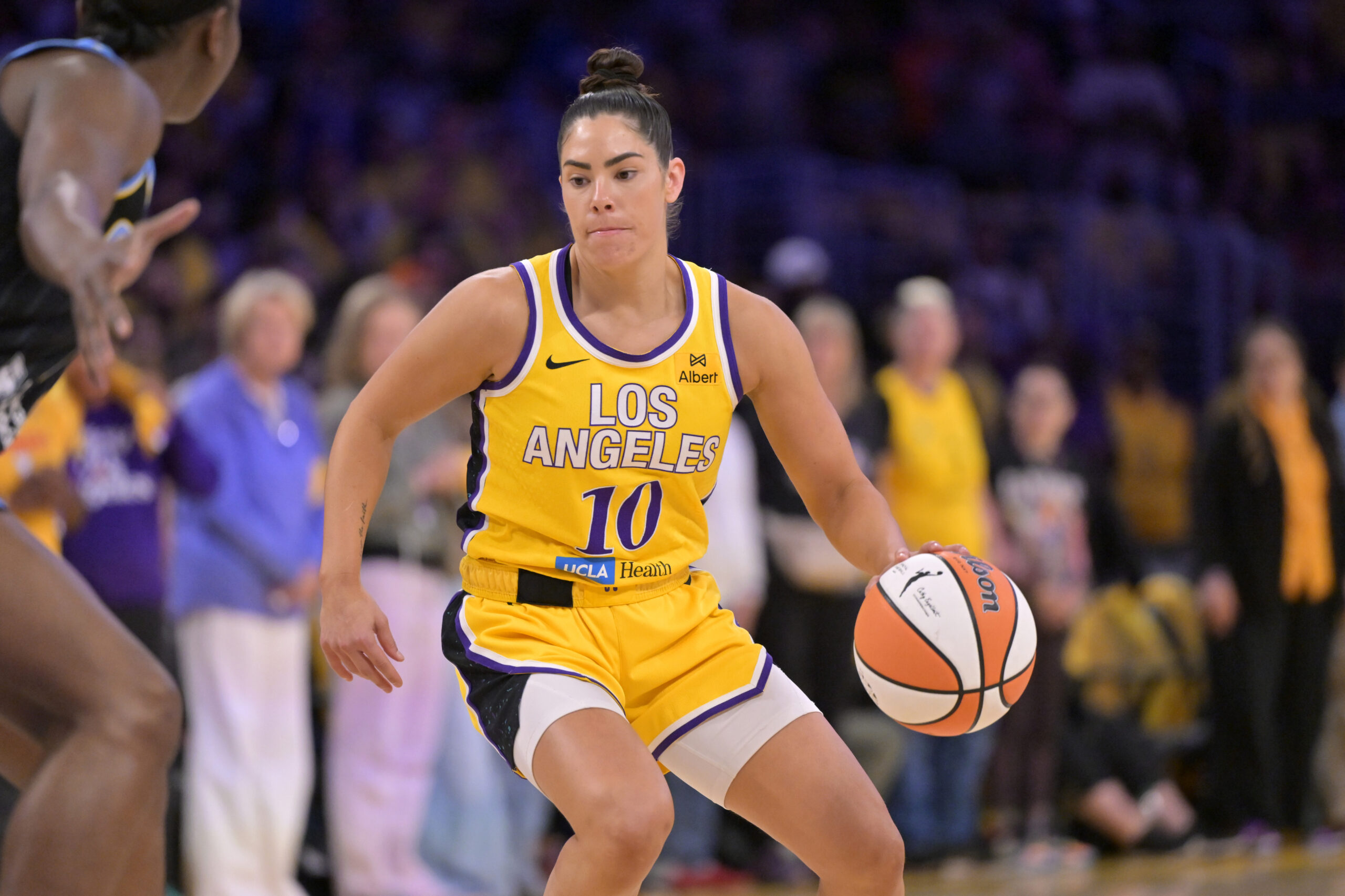 Jun 29, 2025; Los Angeles, California, USA; Los Angeles Sparks guard Kelsey Plum (10) handles the ball in the first half against the Chicago Sky at Crypto.com Arena. Mandatory Credit: Jayne Kamin-Oncea-Imagn Images