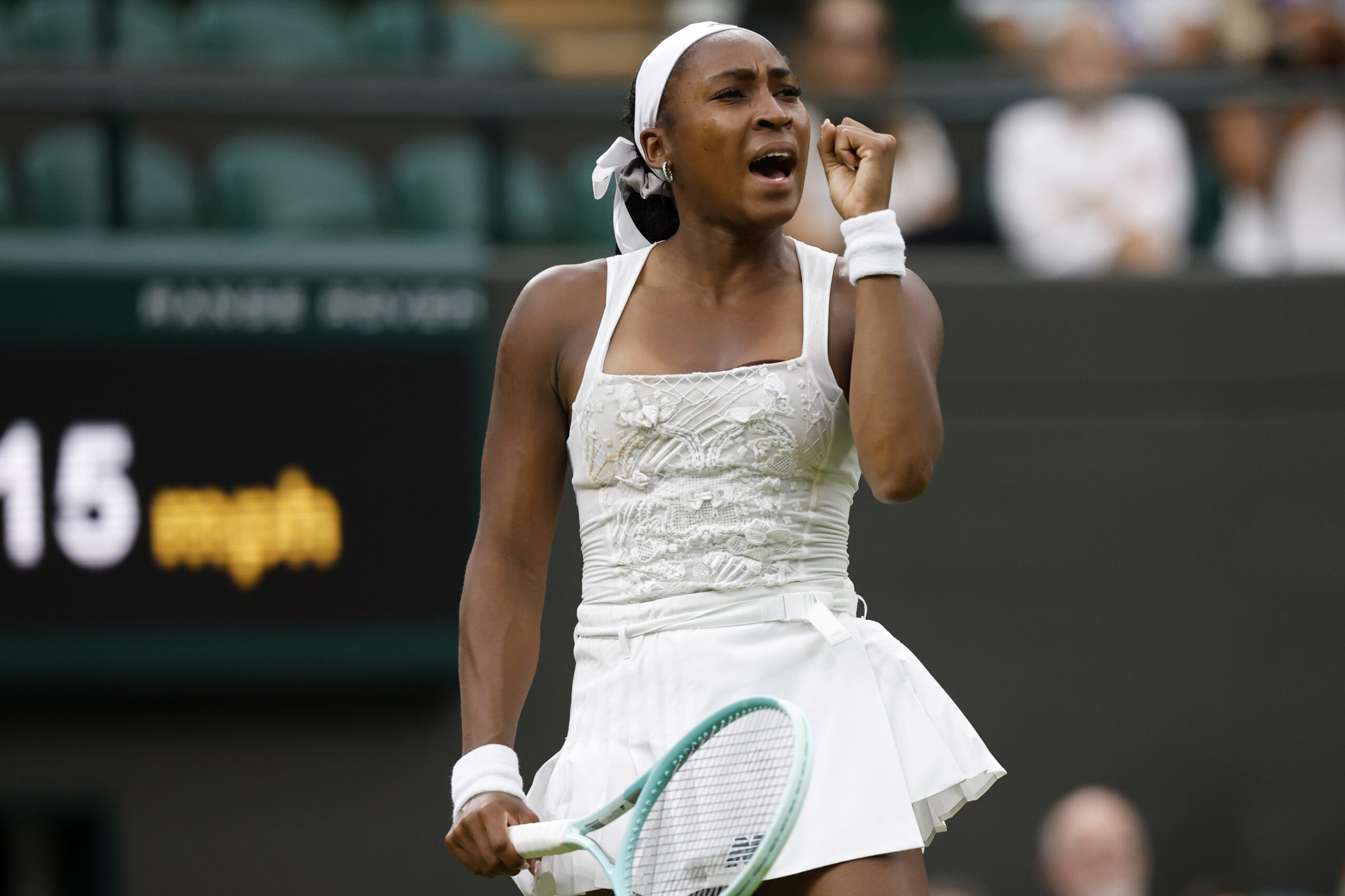 Jul 1, 2025; Wimbledon United Kingdom; Coco Gauff (USA)  reacts after winning a point against Dayana Yastremska (UKR)(not pictured) on day 2 of The Championships, Wimbledon 2025 at All England Lawn Tennis and Croquet Club. Mandatory Credit: Geoff Burke-Imagn Images