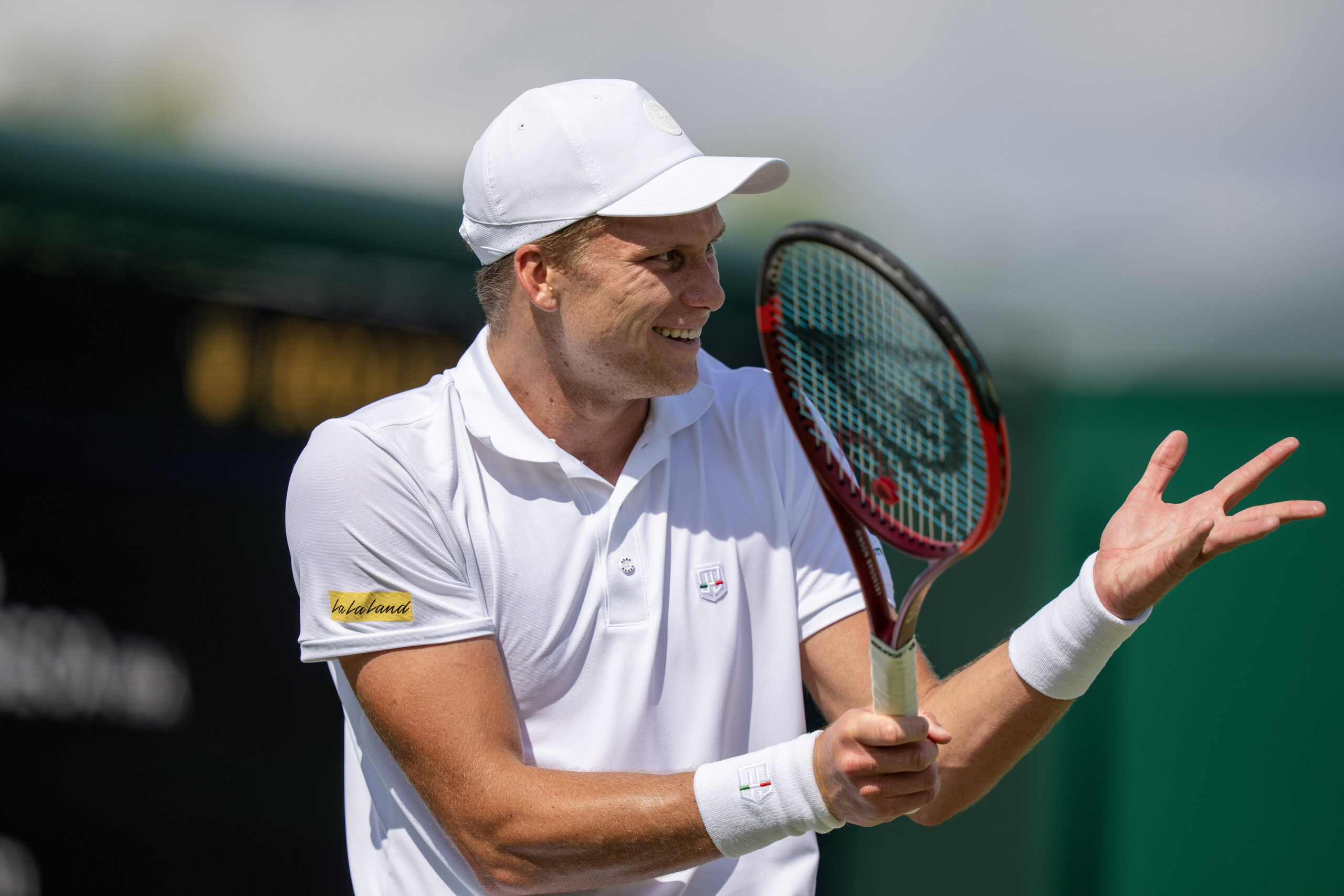 Jul 2, 2025; Wimbledon, United Kingdom; Jenson Brooksby of the United States reacts to a point during his match against Joao Fonseca of Brazil on day three at the All England Lawn Tennis and Croquet Club. Mandatory Credit: Susan Mullane-Imagn Images