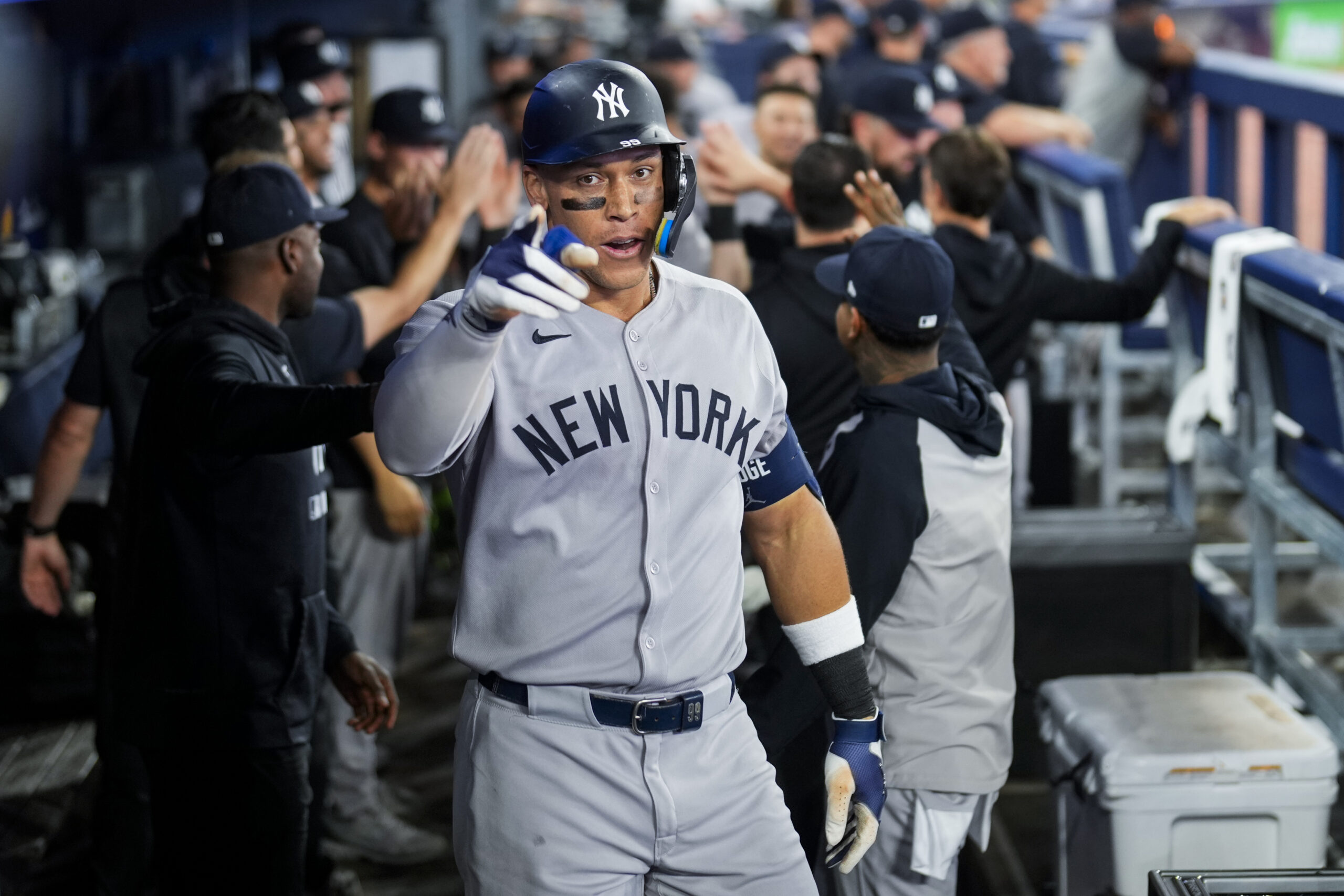 Jul 2, 2025; Toronto, Ontario, CAN; New York Yankees outfielder Aaron Judge (99) celebrates after hitting a home run during the eighth inning in their MLB game against the Toronto Blue Jays at Rogers Centre. Mandatory Credit: Kevin Sousa-Imagn Images