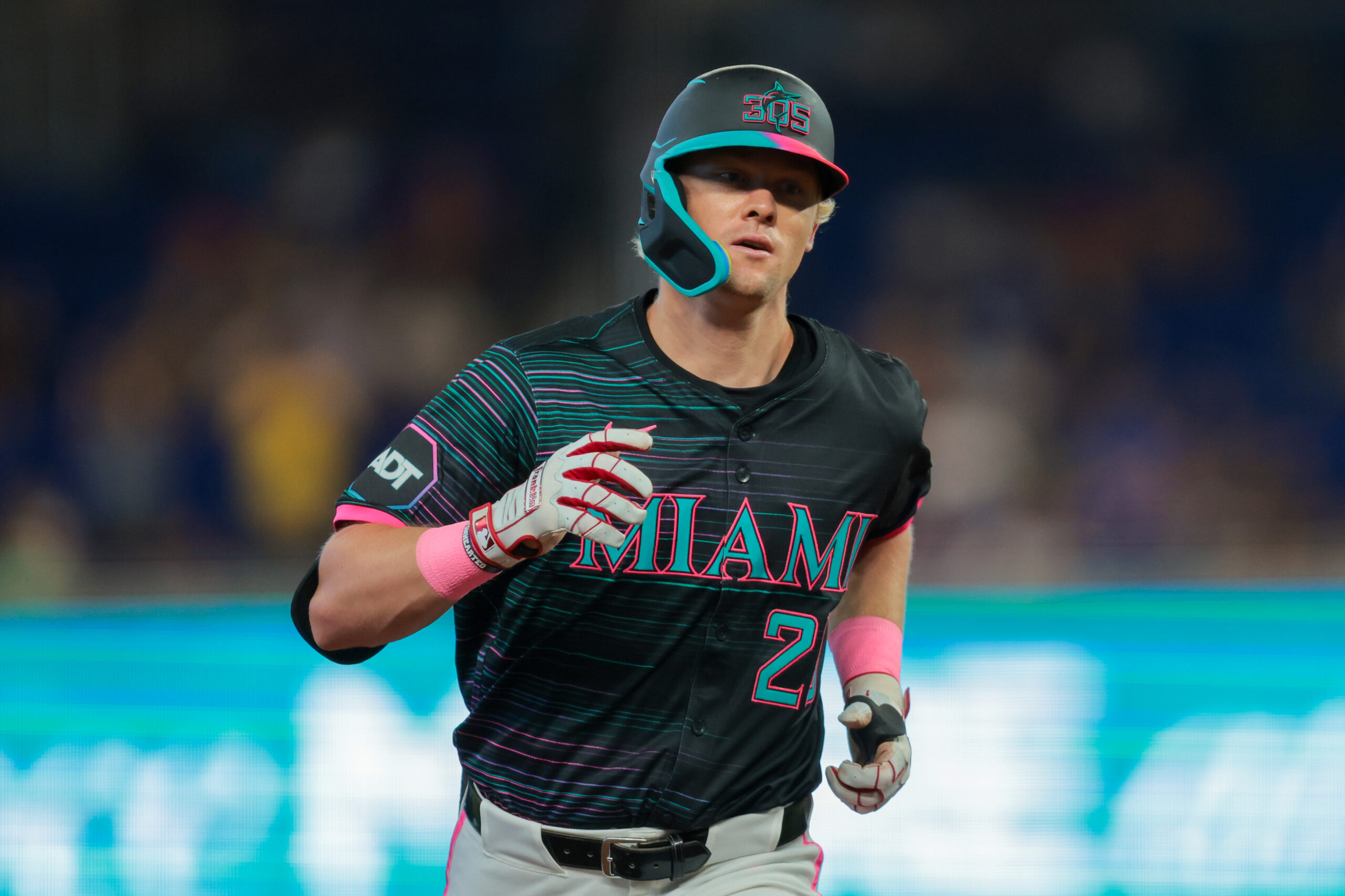 Jul 5, 2025; Miami, Florida, USA; Miami Marlins left fielder Kyle Stowers (28) circles the bases after hitting a solo home run against the Milwaukee Brewers during the second inning at loanDepot Park. Mandatory Credit: Sam Navarro-Imagn Images