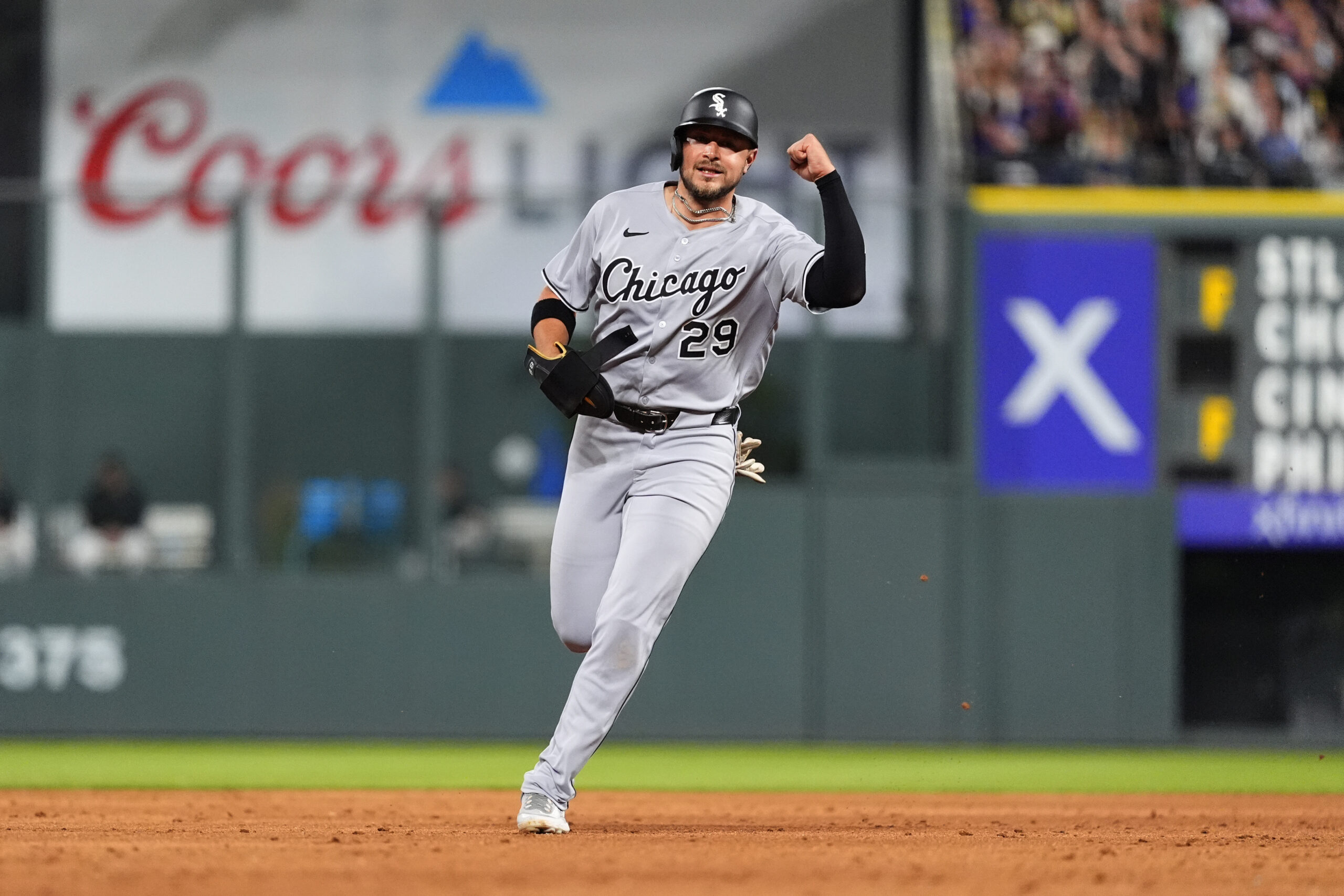 Jul 5, 2025; Denver, Colorado, USA; Chicago White Sox first base Ryan Noda (29) reacts in the ninth inning against the Colorado Rockies at Coors Field. Mandatory Credit: Ron Chenoy-Imagn Images