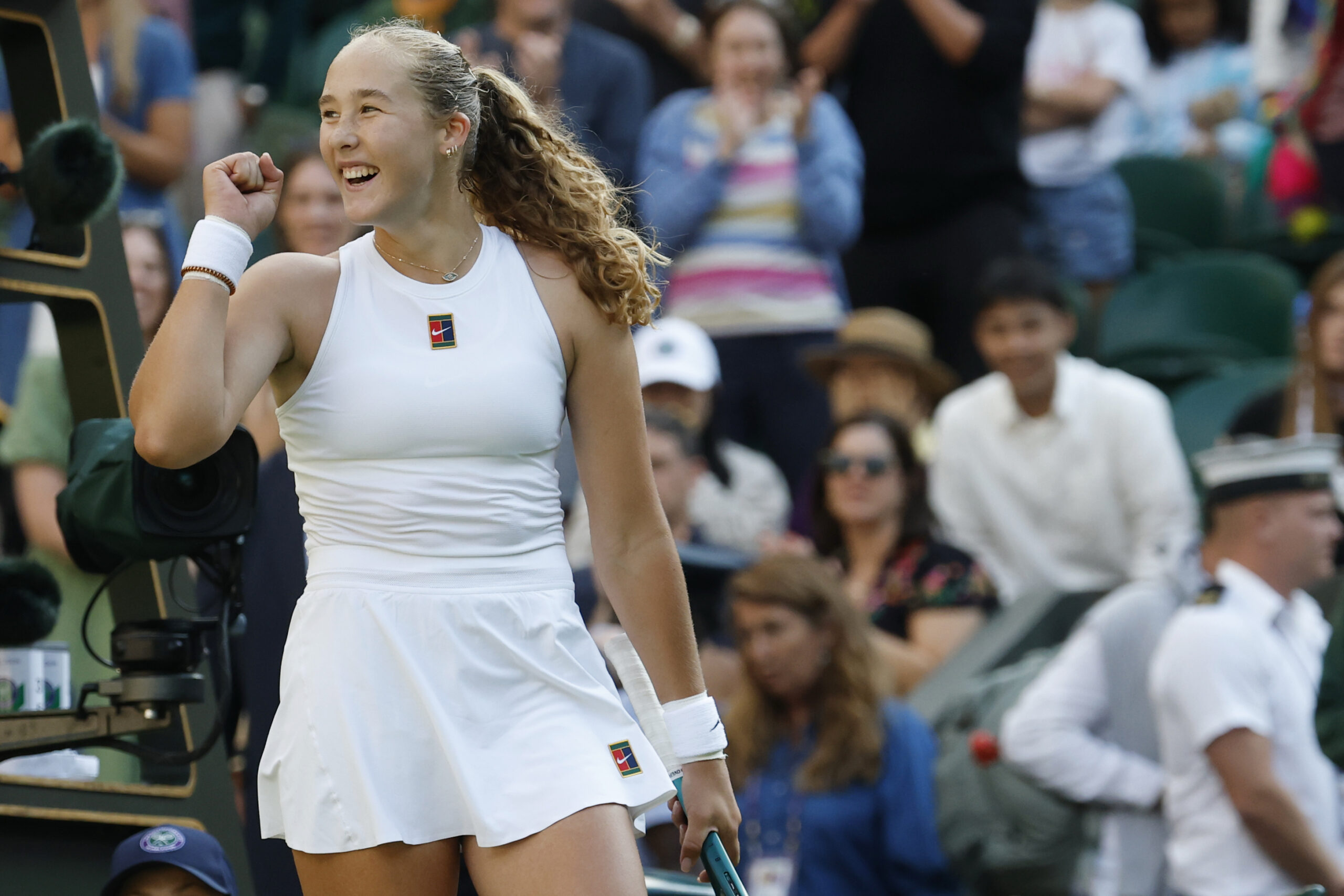 Jul 7, 2025; Wimbledon, United Kingdom; Mirra Andreeva celebrates after her match against Emma Navarro (USA)(not pictured) on day eight of The Championships Wimbledon 2025 at All England Lawn Tennis and Croquet Club. Mandatory Credit: Geoff Burke-Imagn Images