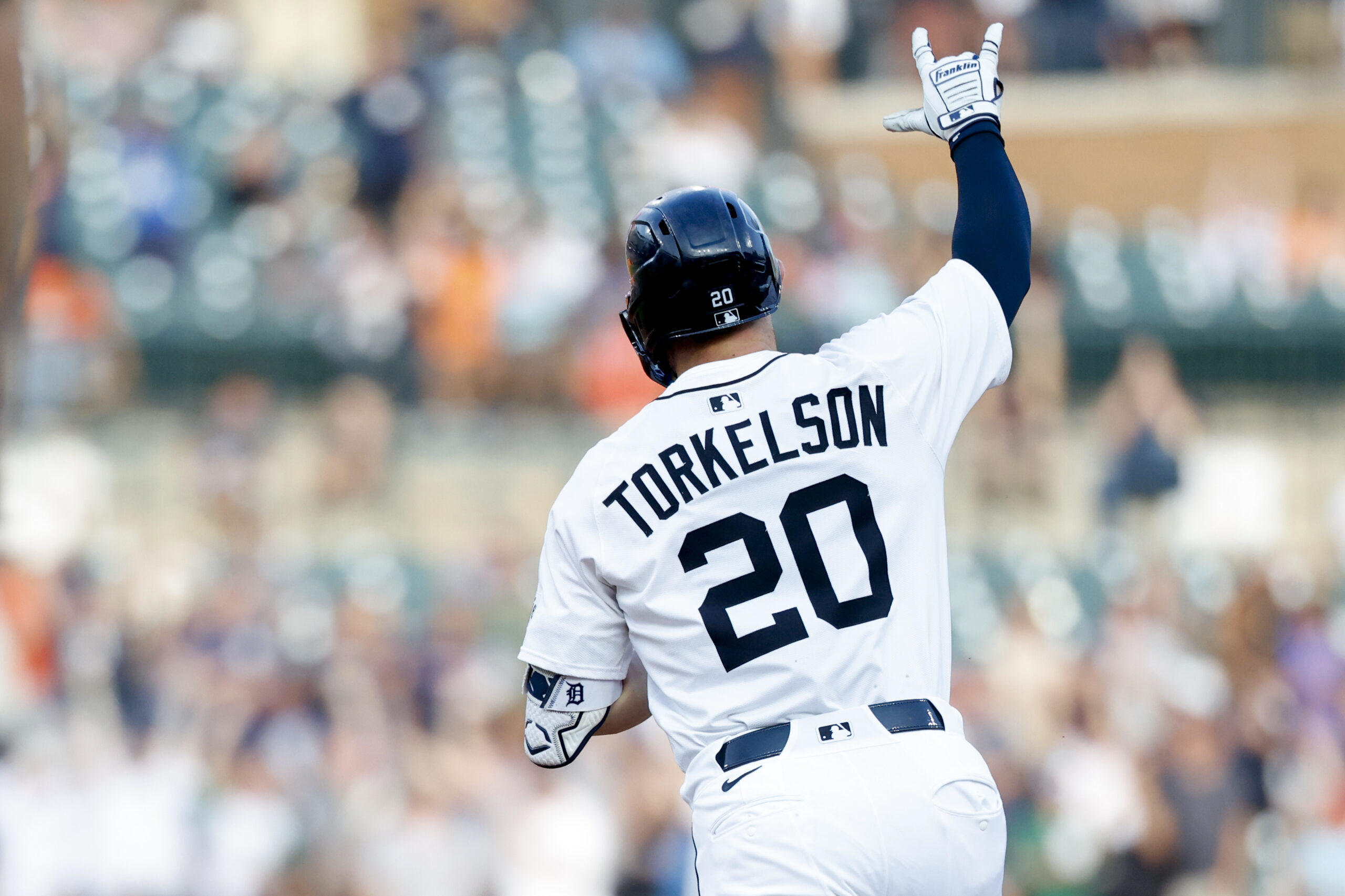Jul 8, 2025; Detroit, Michigan, USA;  Detroit Tigers first baseman Spencer Torkelson (20) celebrates after he hits a home run in the fourth inning against the Tampa Bay Rays at Comerica Park. Mandatory Credit: Rick Osentoski-Imagn Images