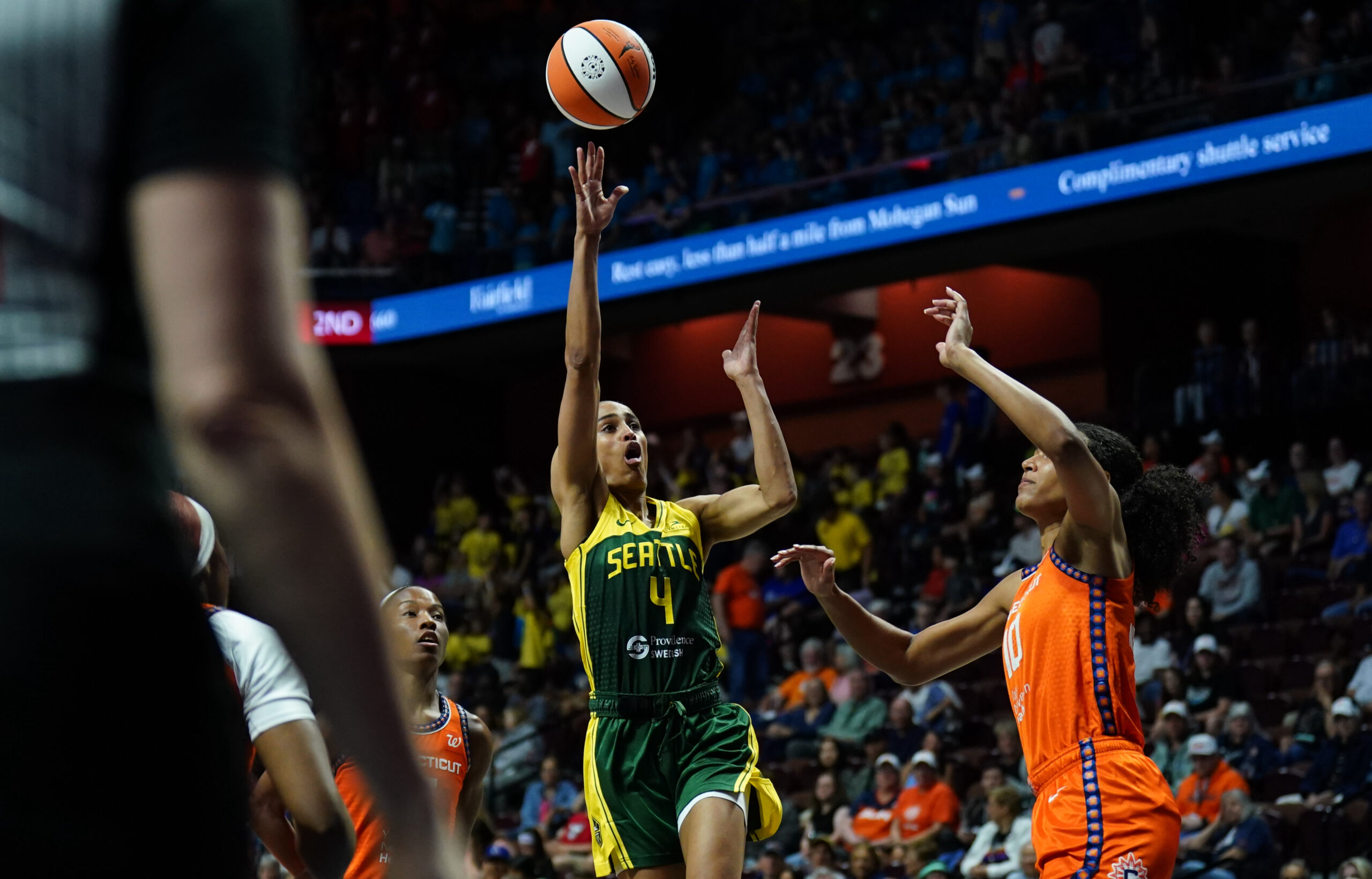 Jul 9, 2025; Uncasville, Connecticut, USA; Seattle Storm guard Skylar Diggins (4) shoots the ball against Connecticut Sun center Olivia Nelson-Ododa (10) in the first half at Mohegan Sun Arena. Mandatory Credit: David Butler II-Imagn Images