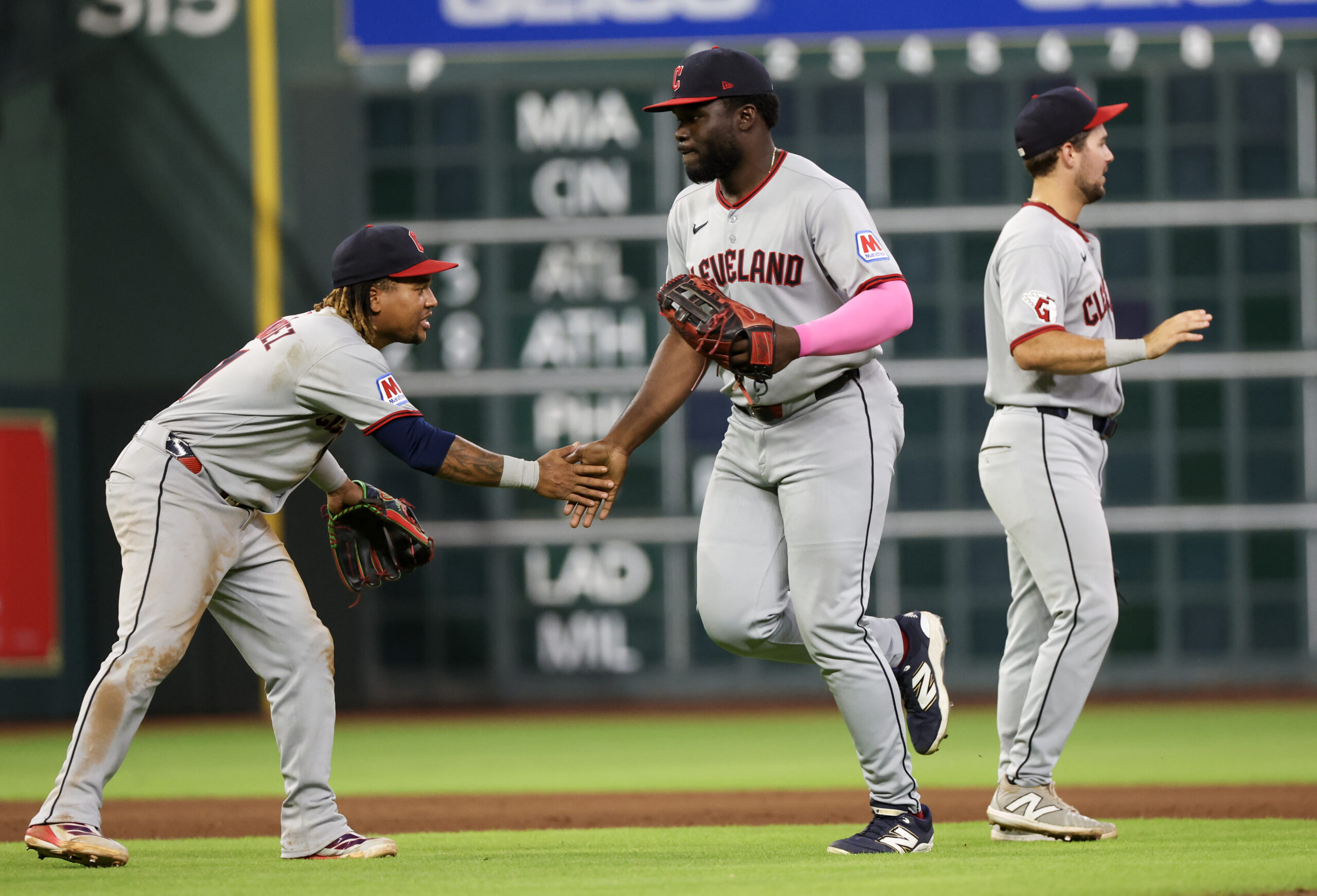 Jul 9, 2025; Houston, Texas, USA; Cleveland Guardians third baseman Jose Ramirez (11) celebrates with  right fielder Jhonkensy Noel (43) after defeating the Houston Astros  at Daikin Park. Mandatory Credit: Thomas Shea-Imagn Images
