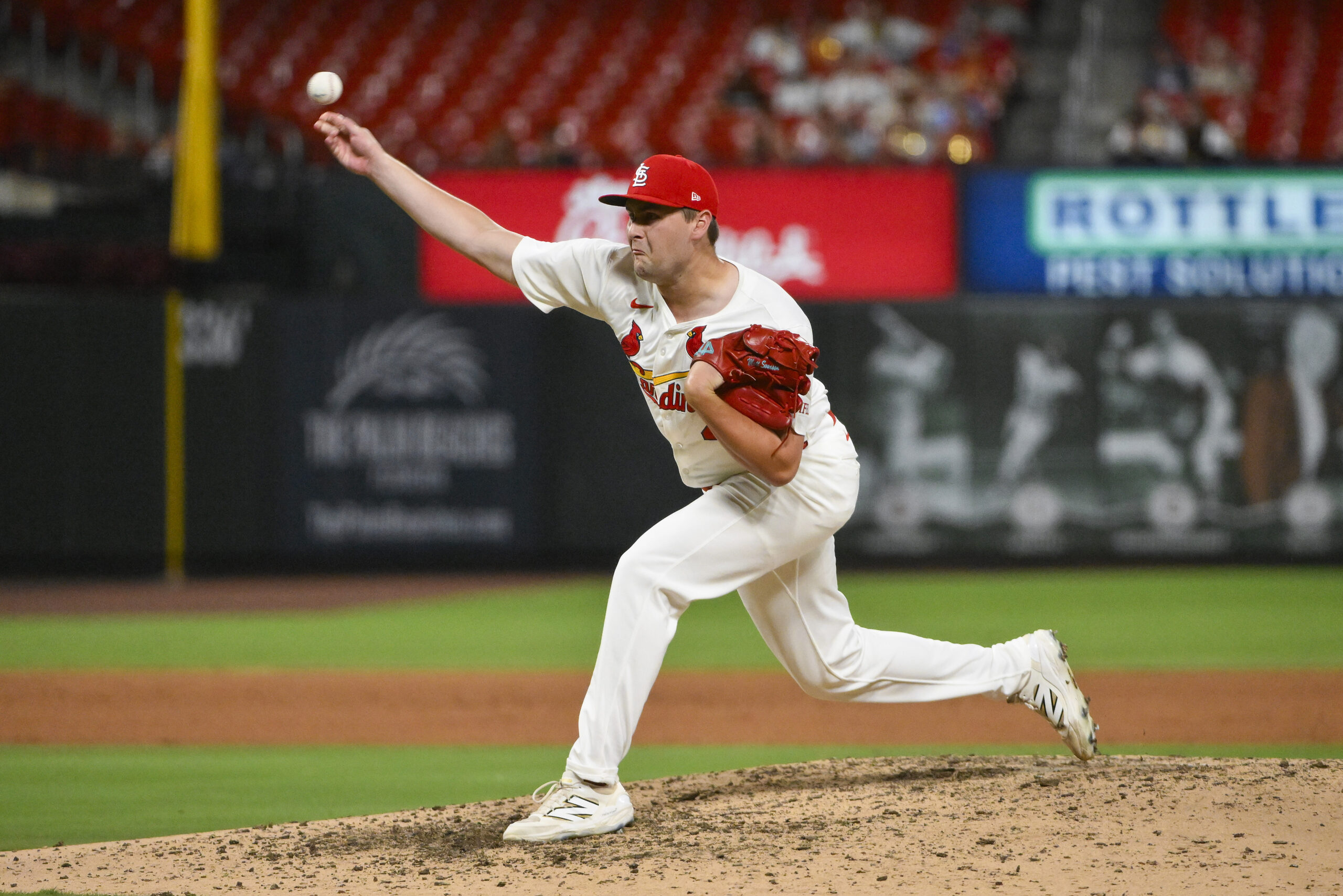 Jul 9, 2025; St. Louis, Missouri, USA;  St. Louis Cardinals relief pitcher Matt Svanson (49) pitches against the Washington Nationals during the eighth inning at Busch Stadium. Mandatory Credit: Jeff Curry-Imagn Images