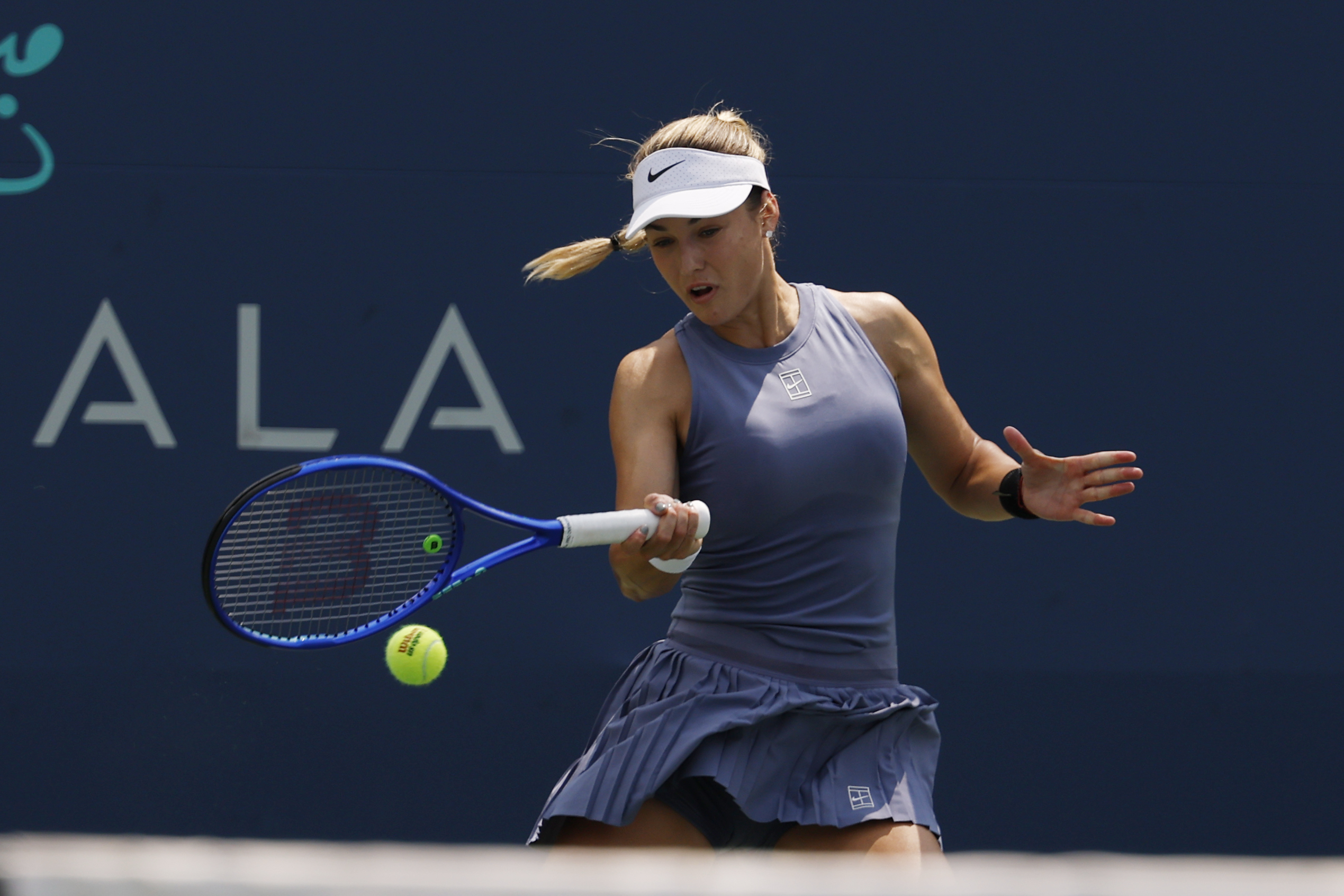Jul 22, 2025; Washington, D.C., USA; Anna Kalinskaya hits a forehand against Kamilla Rakhimova (not pictured) in a women's singles match on day two of the Mubadala Citi DC Open at Rock Creek Park Tennis Center. Mandatory Credit: Geoff Burke-Imagn Images