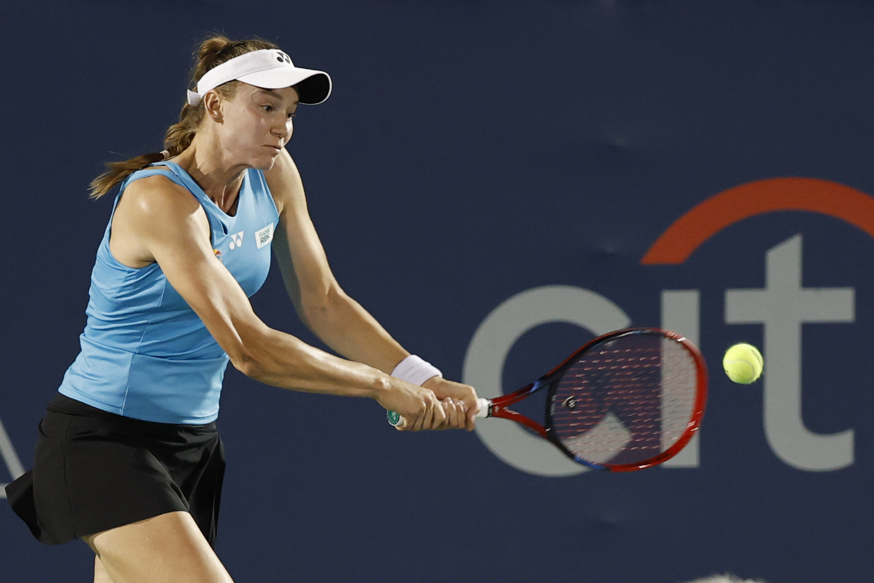 Jul 23, 2025; Washington, D.C., USA; Elena Rybakina (KAZ) hits a backhand against Victoria Mboko (CAN)(not pictured) in a women's singles match on day three of the Mubadala Citi DC Open at Rock Creek Park Tennis Center. Mandatory Credit: Geoff Burke-Imagn Images
