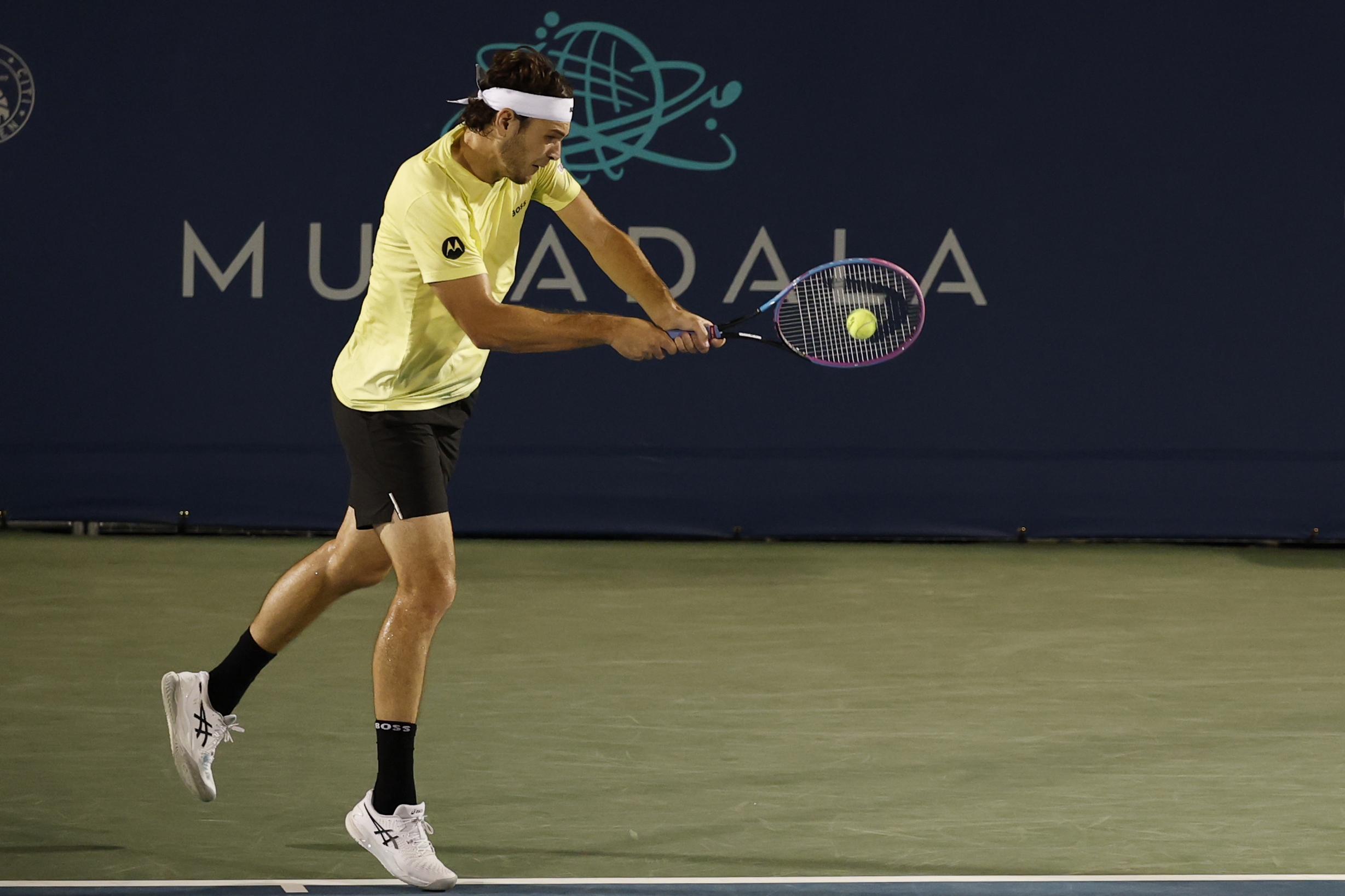 Jul 24, 2025; Washington, D.C., USA; Taylor Fritz (USA) hits a backhand against Matteo Arnaldi (ITA)(not pictured) in a men's singles match on day four of the Mubadala Citi DC Open at Rock Creek Park Tennis Center. Mandatory Credit: Geoff Burke-Imagn Images