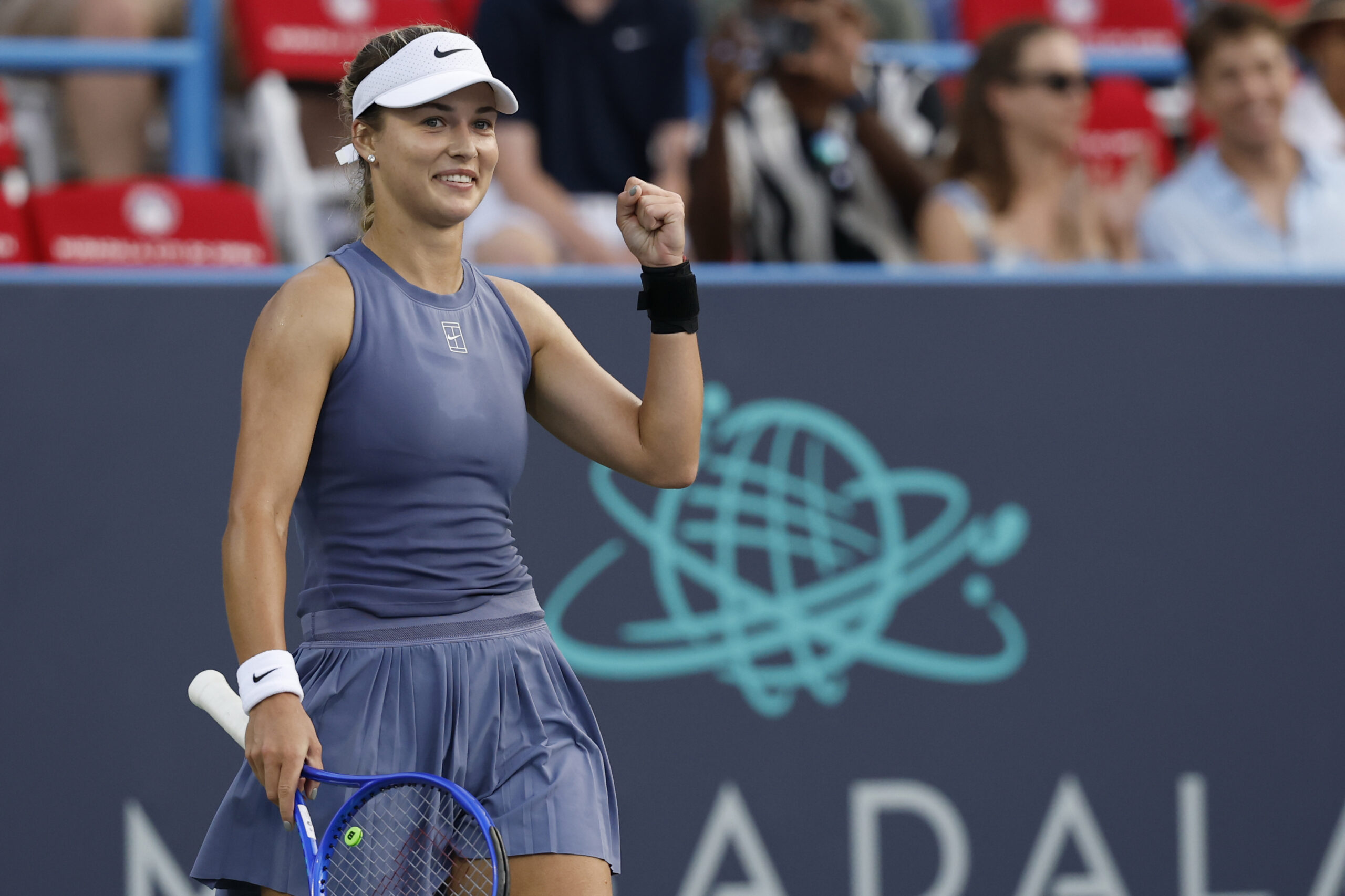 Jul 26, 2025; Washington, D.C., USA; Anna Kalinskaya celebrates after match point against Emma Raducanu (GBR)(not pictured) in a women's singles semi-final on day six of the Mubadala Citi DC Open at Rock Creek Park Tennis Center. Mandatory Credit: Geoff Burke-Imagn Images