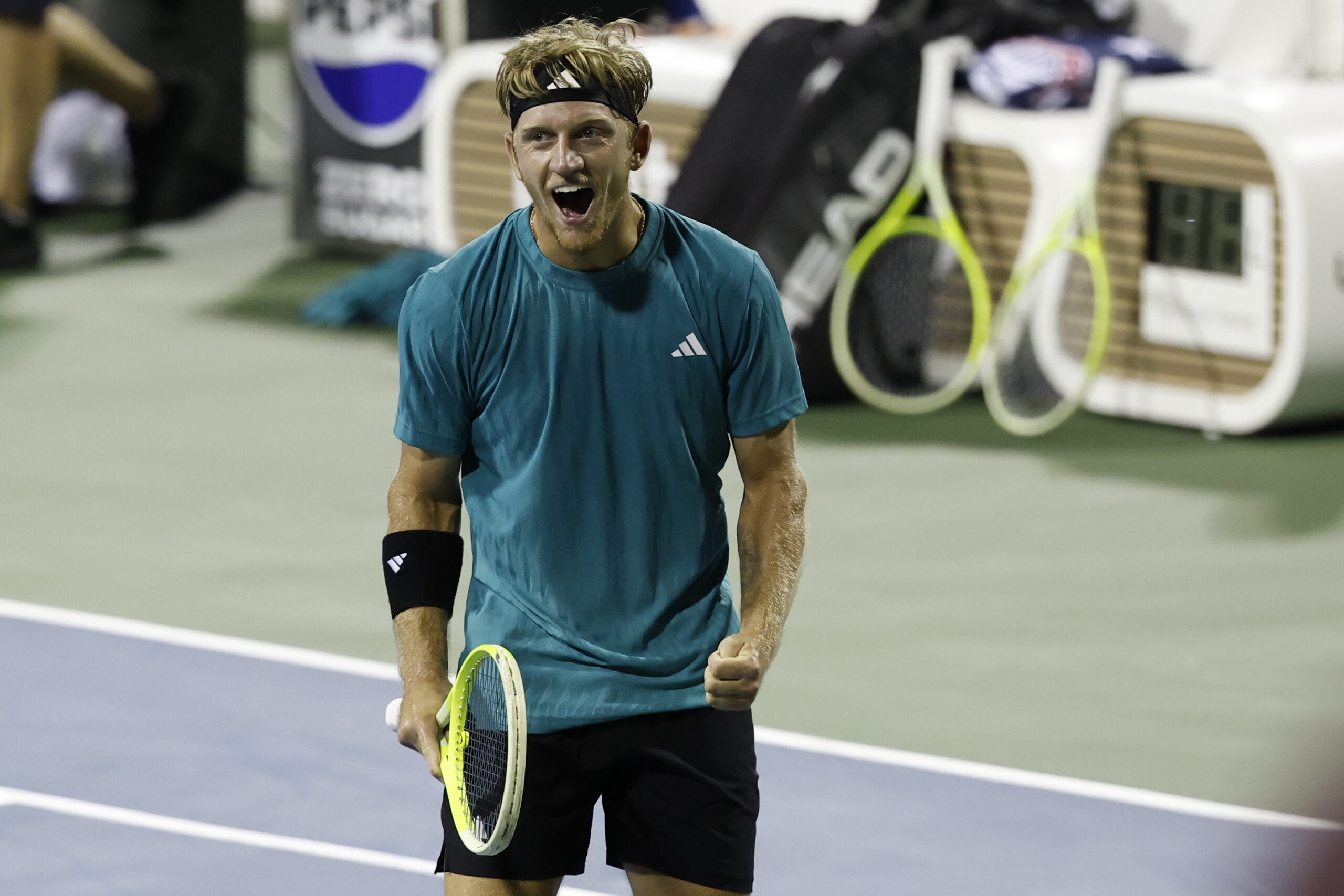 Jul 26, 2025; Washington, D.C., USA; Alejandro Davidovich Fokina (ESP) celebrates after match point against Ben Shelton (USA)(not pictured) in a men's singles semi-final on day six of the Mubadala Citi DC Open at Rock Creek Park Tennis Center. Mandatory Credit: Geoff Burke-Imagn Images