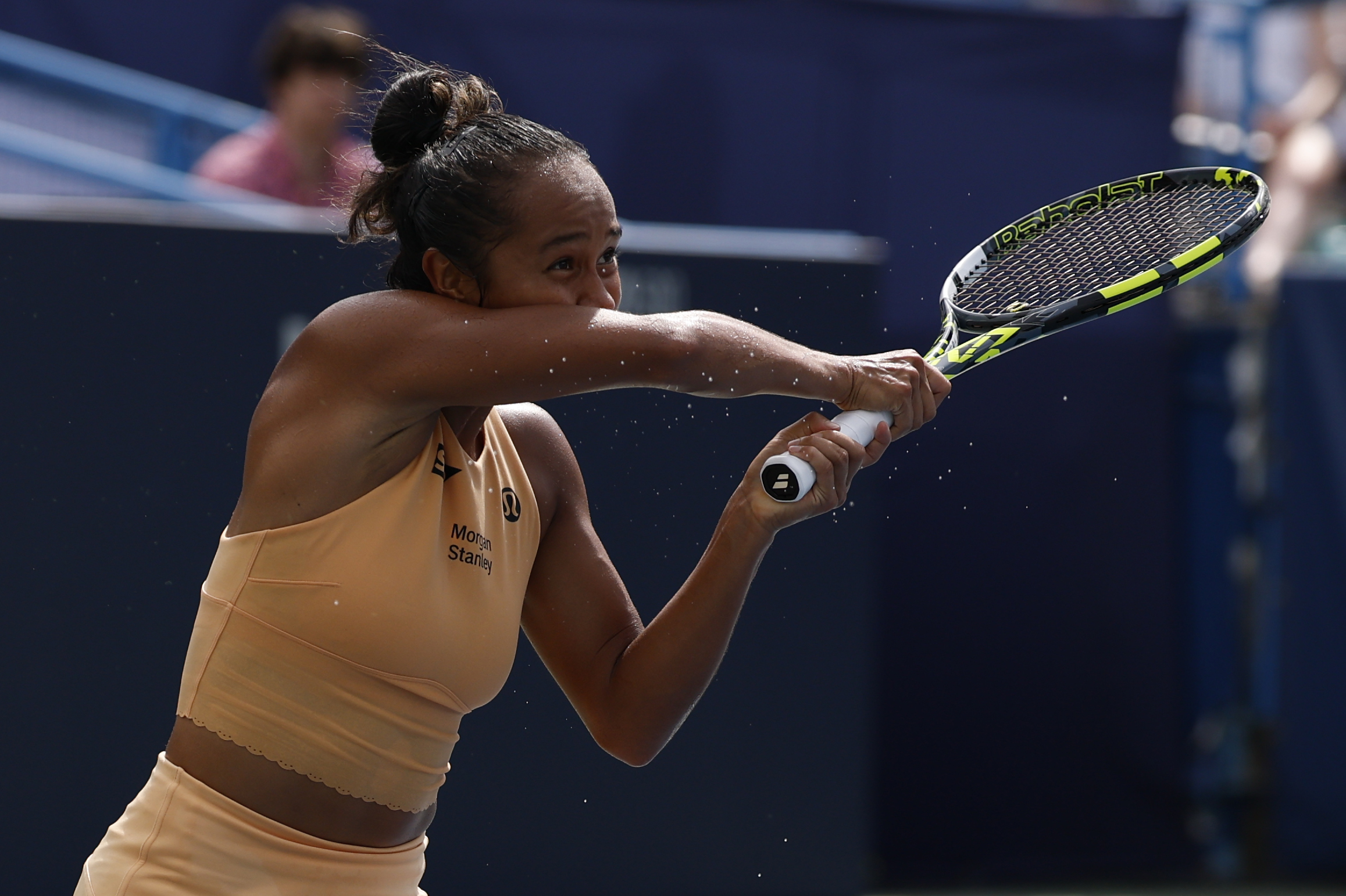 Jul 27, 2025; Washington, D.C., USA; Leylah Fernandez (CAN) hits a backhand against Anna Kalinskaya (not pictured) in the women's singles final of the Mubadala Citi DC Open at Rock Creek Park Tennis Center. Mandatory Credit: Geoff Burke-Imagn Images