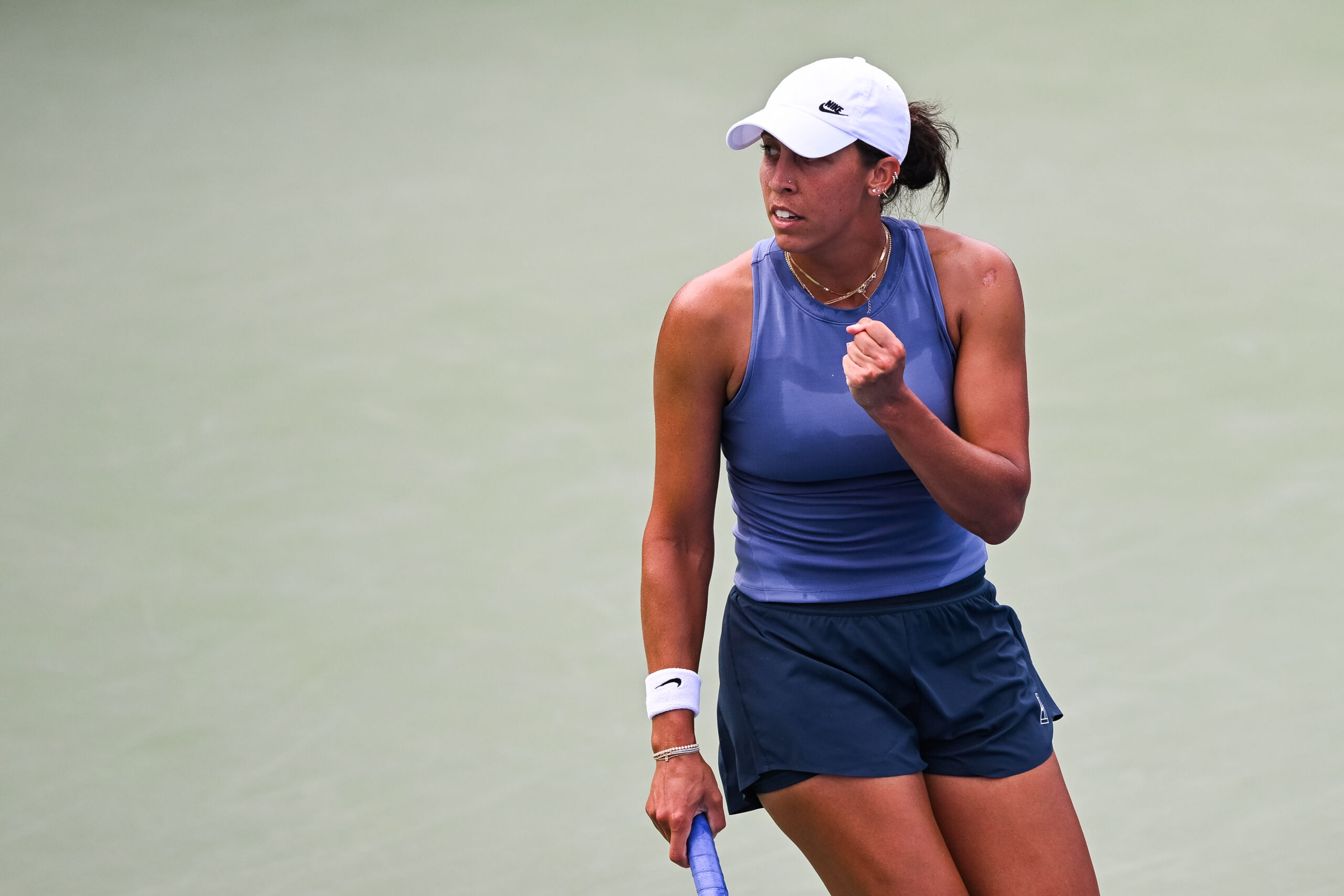 Jul 30, 2025; Montreal, QC, Canada; Madison Keys (USA) reacts after socring a point against Laura Siegemund (GER) in second round play at IGA Stadium. Mandatory Credit: David Kirouac-Imagn Images