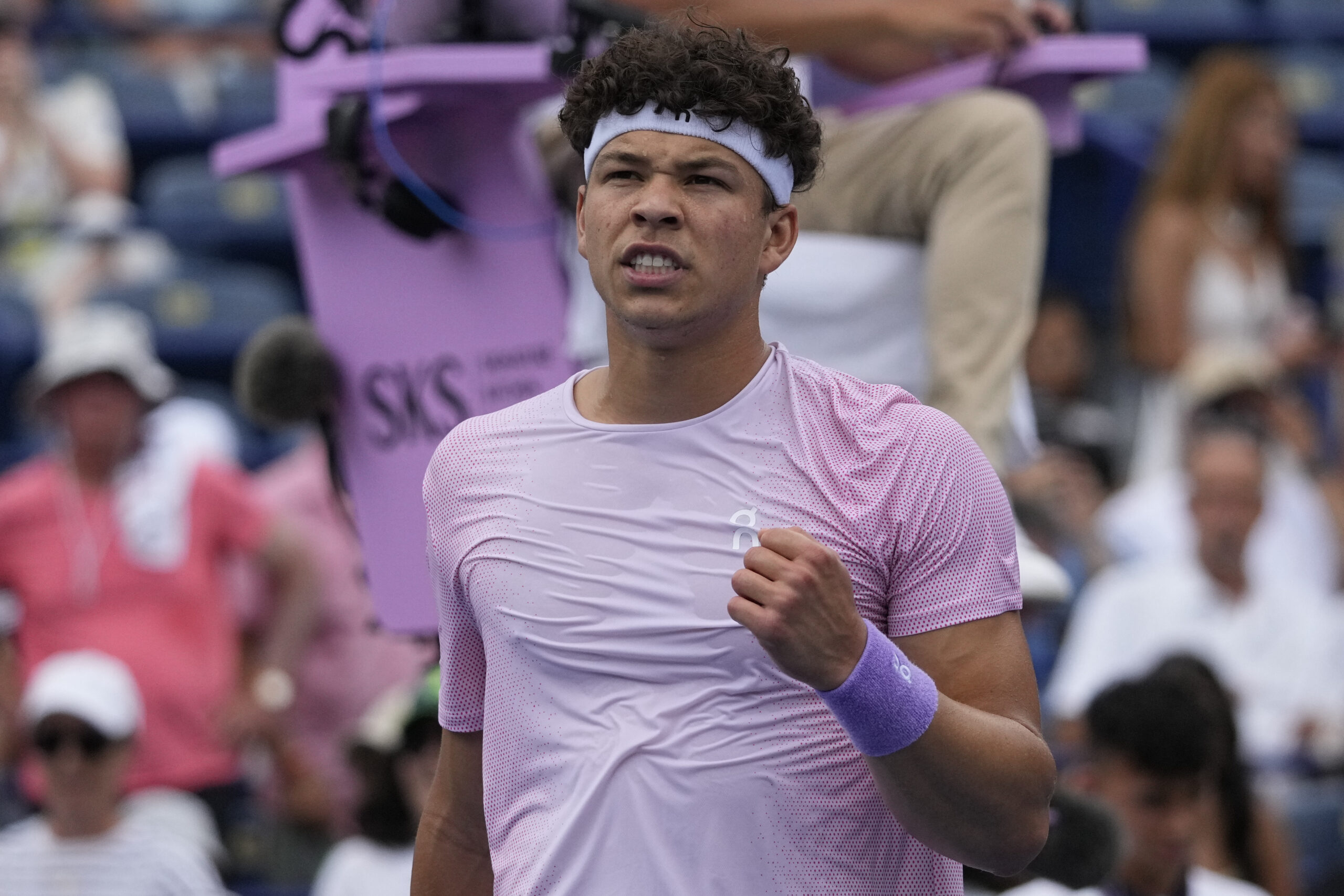 Jul 30, 2025; Toronto, ON, Canada; Ben Shelton (USA) reacts after winning his match against Adrian Mannarino during the second round at Sobeys Stadium. Mandatory Credit: John E. Sokolowski-Imagn Images